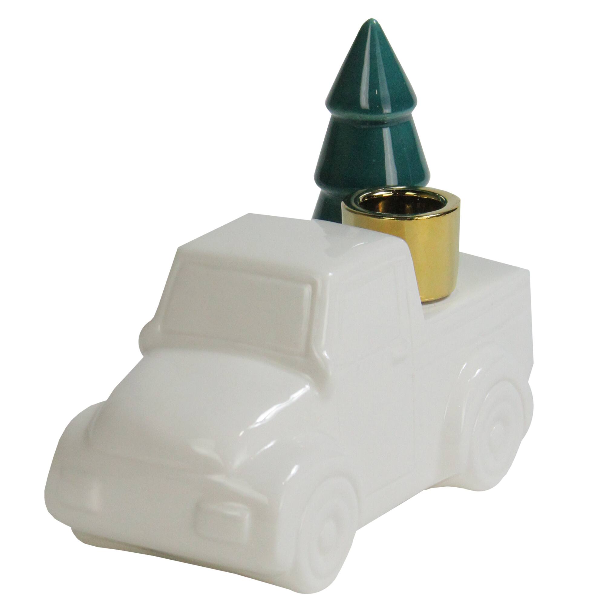 5&#x22; White Ceramic Truck with Christmas Tree Taper Candlestick Holder