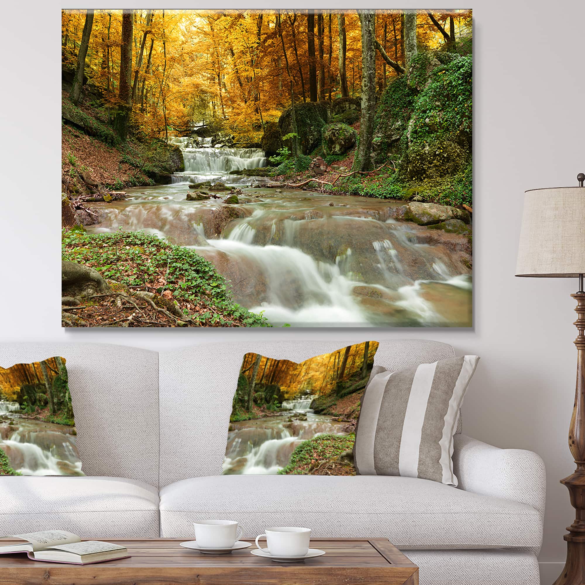 Designart - Forest Waterfall with Yellow Trees - Large Landscape Canvas Art Print