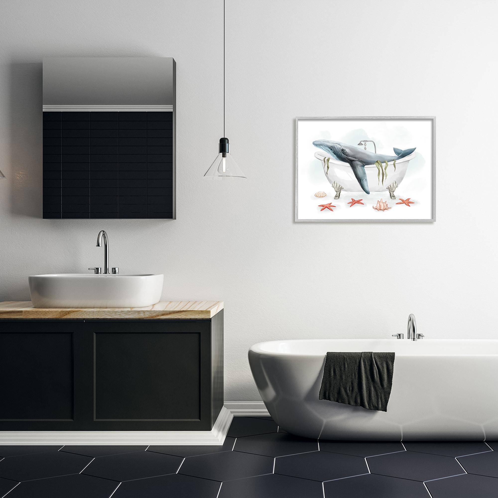 Stupell Industries Whale in Nautical Tub Seafoam Starfish Shells in Gray Frame Wall Art