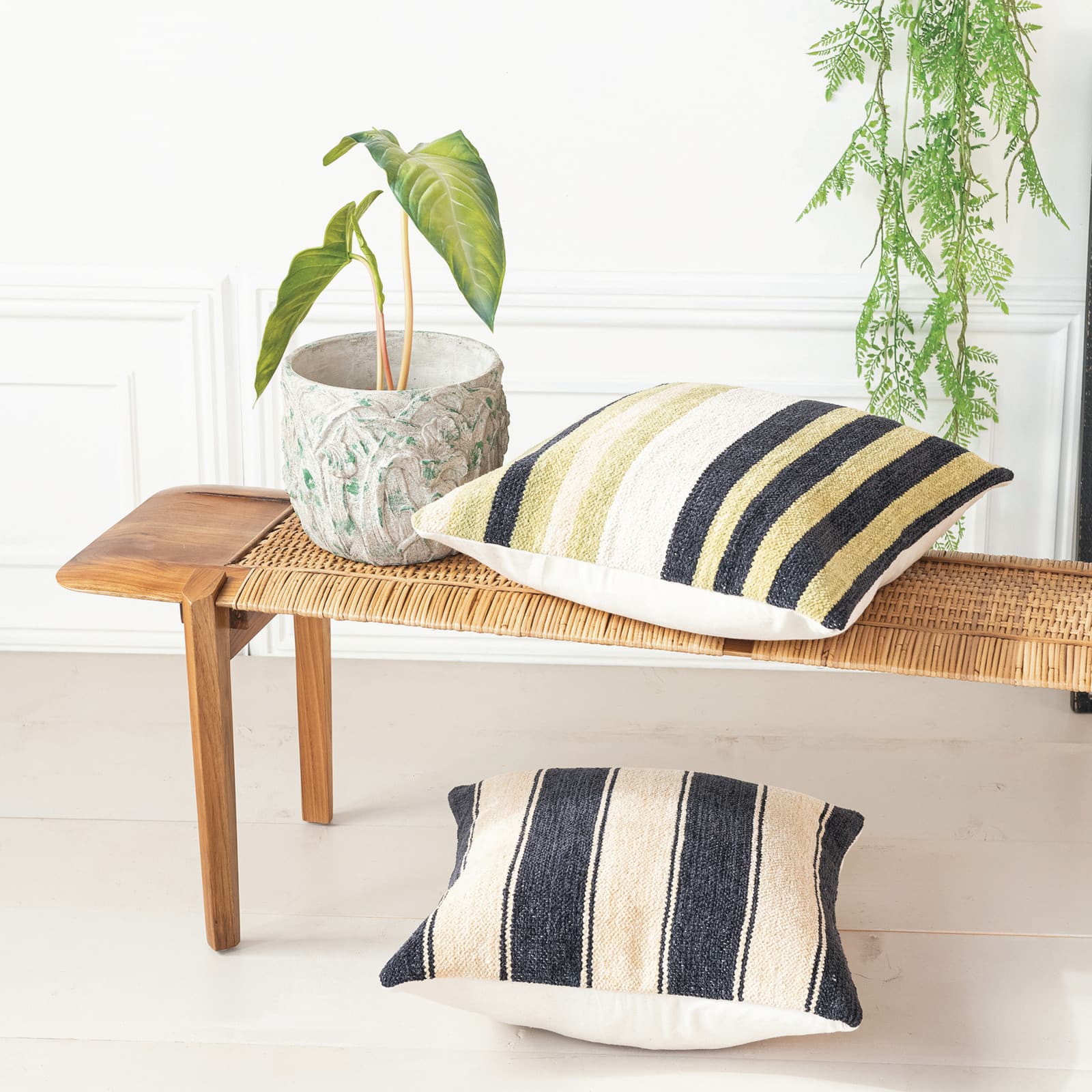 Hello Honey&#xAE; 20&#x22; Black &#x26; Cream Striped Cotton Blend Chenille Pillow