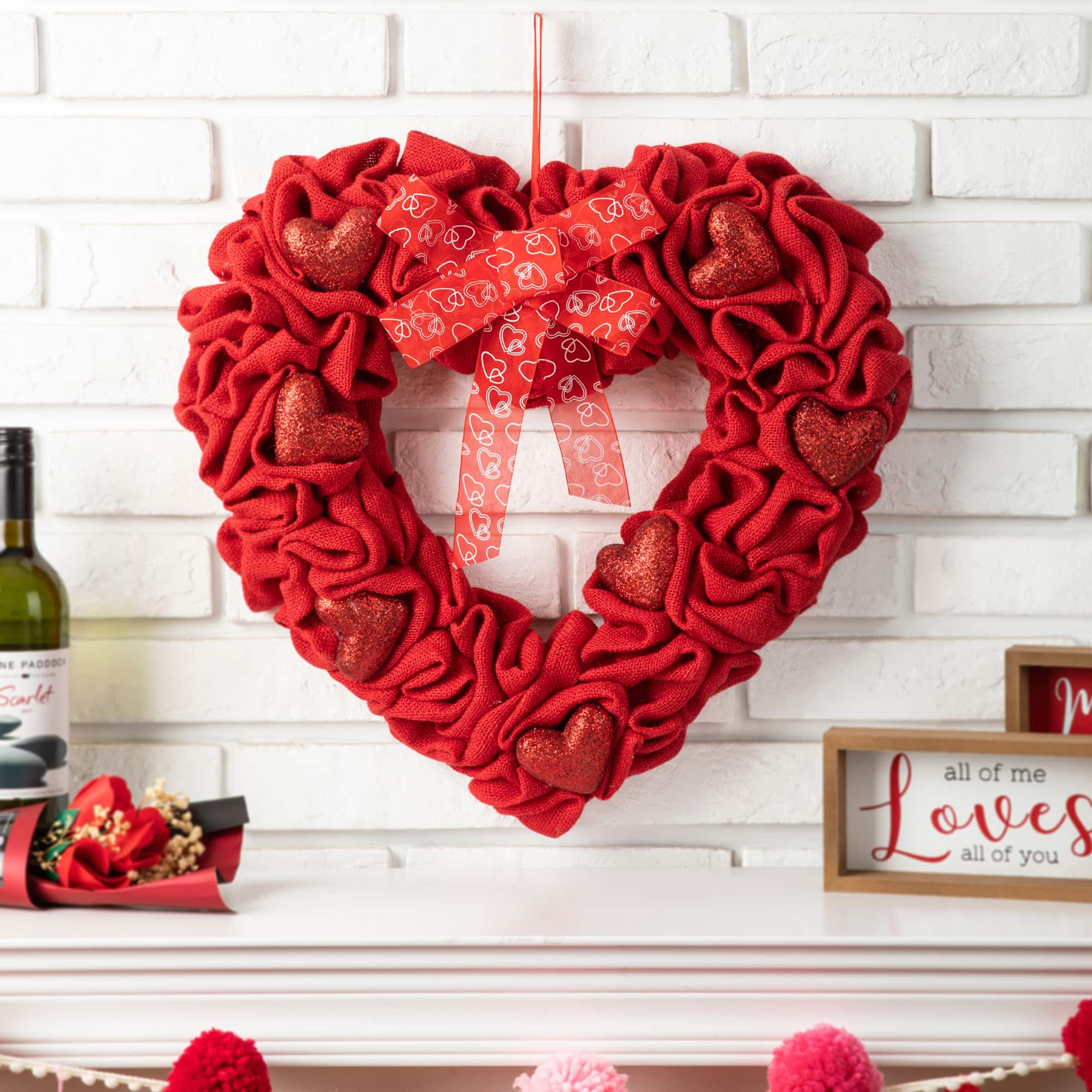 Glitzhome&#xAE; 19.25&#x22; Fabric Valentine&#x27;s Heart Wreath