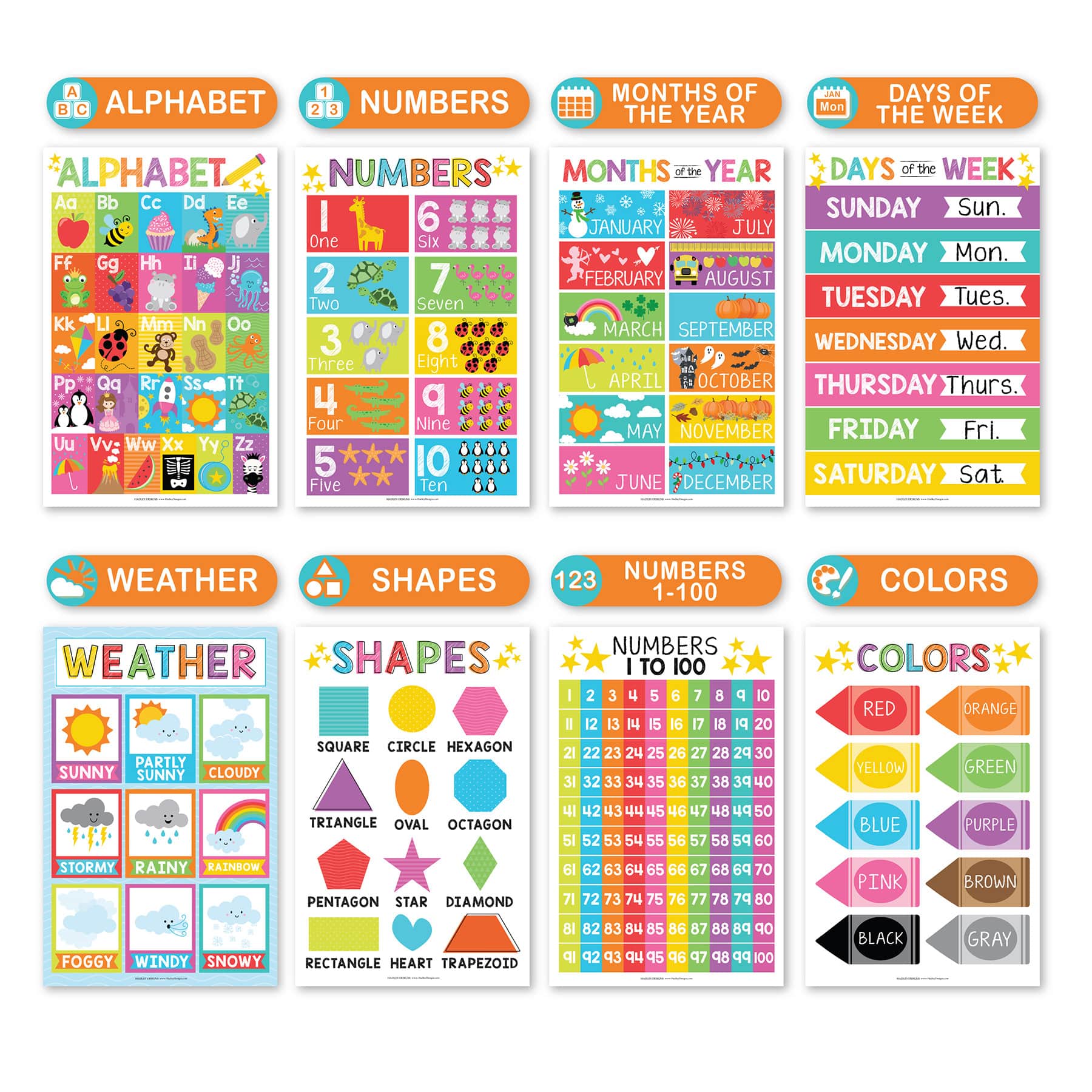 Hadley Designs 11" x 17" Colorful Preschool Educational Laminated Posters for Toddlers Set