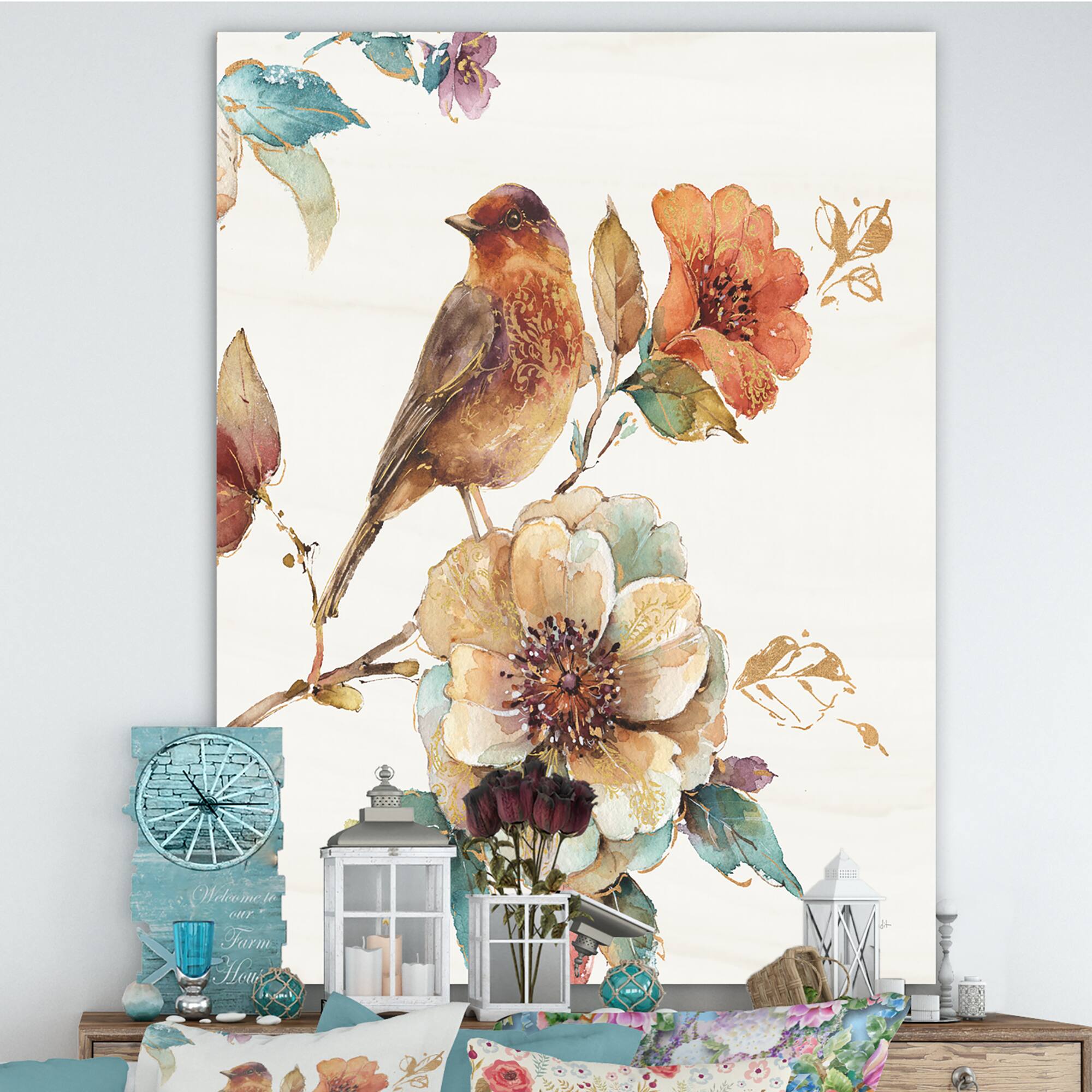 Designart - Farmhouse Bird on Flower Branch - Traditional Premium Canvas Wall Art