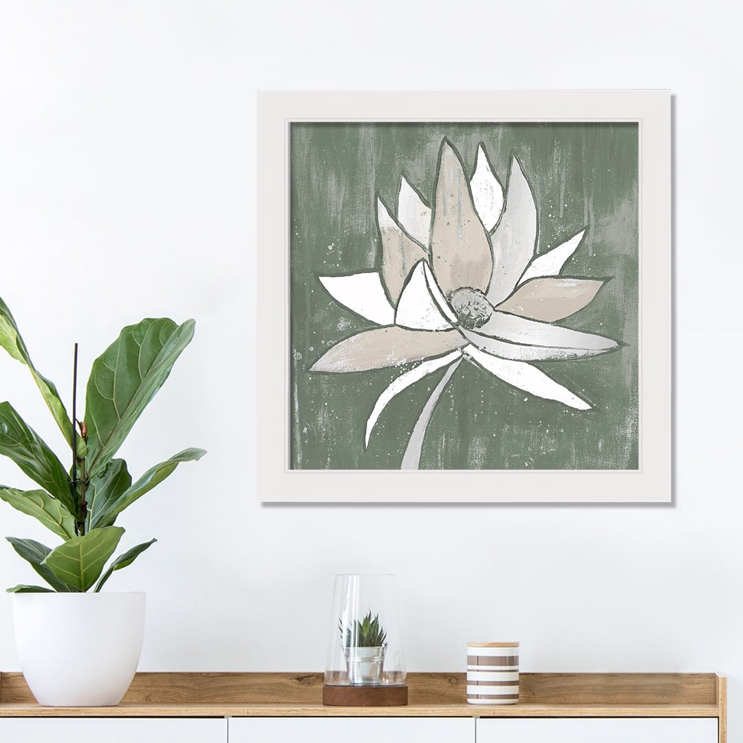 Sage Lotus Flower White Framed Print