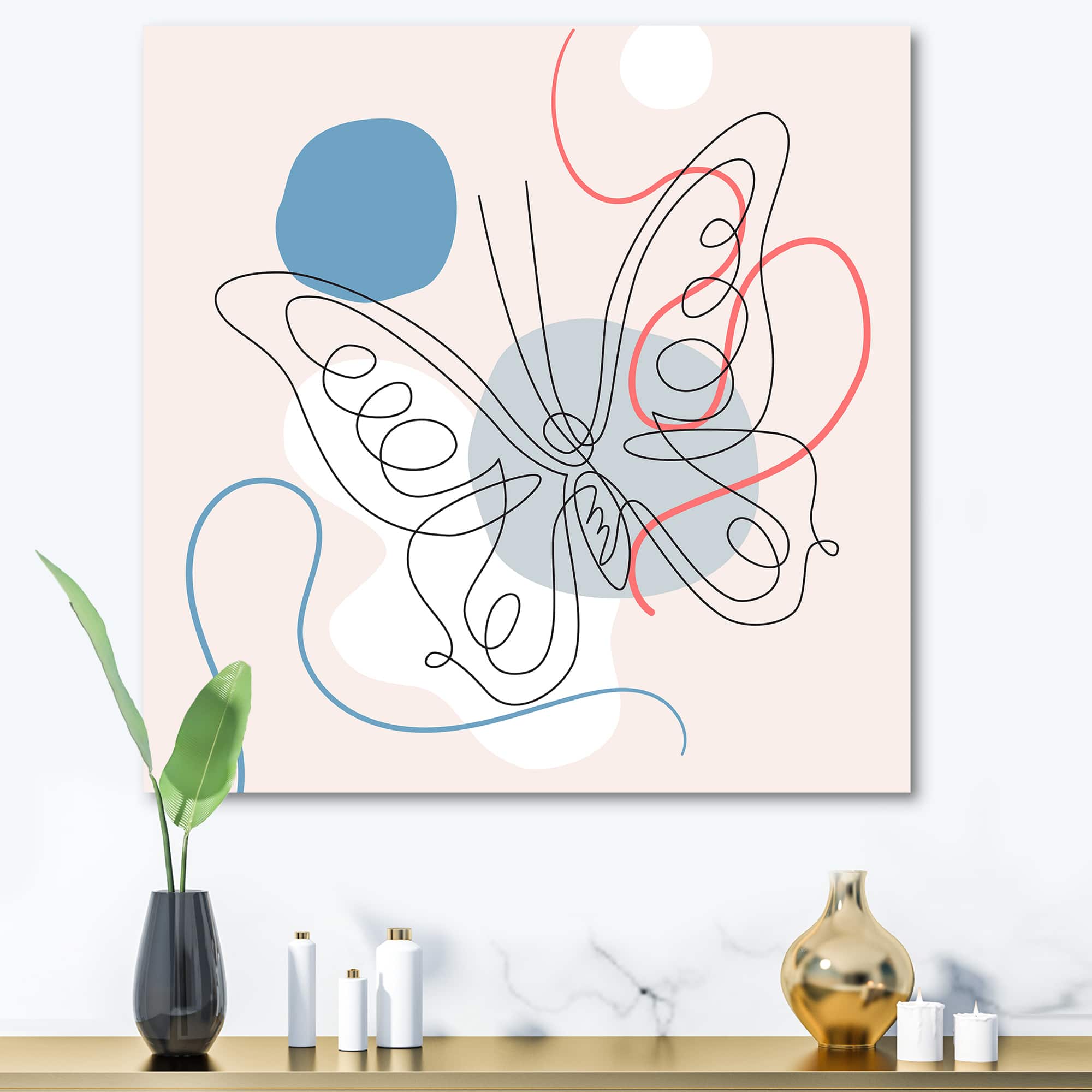 Designart - Butterfly One Line Drawing On Cubism Shapes III - Modern Canvas Wall Art Print