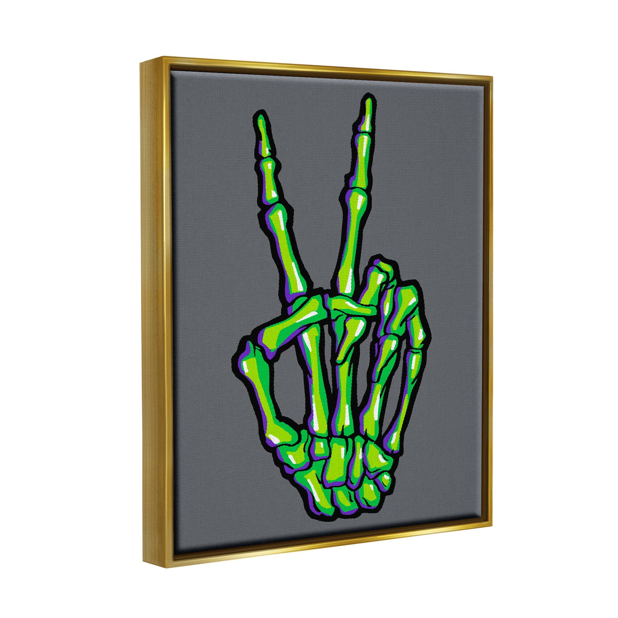 Stupell Industries Green Skeleton Peace Hand Framed Floater Canvas Wall Art