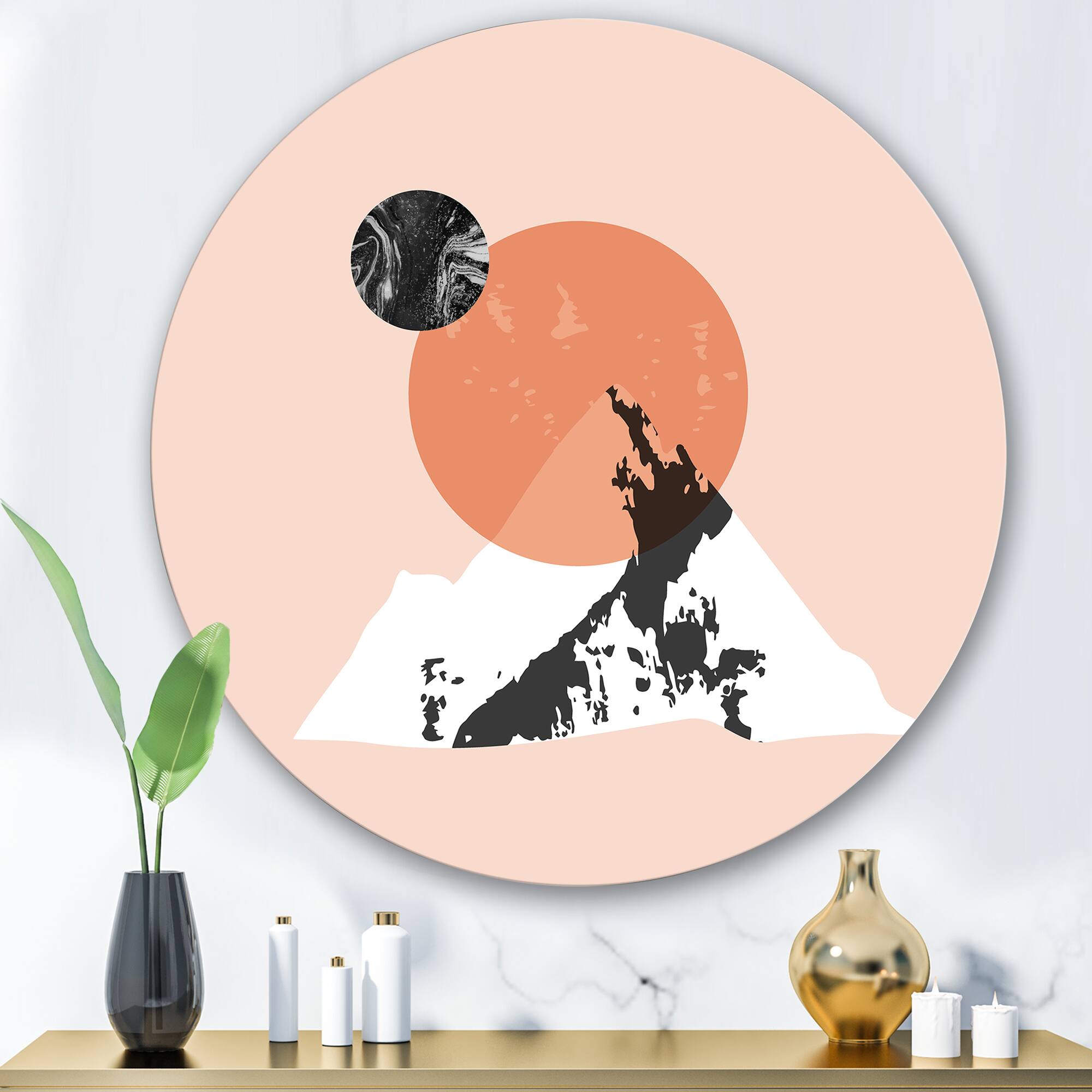 Designart - Modern Minimalist Mountain Sun and Moon - Modern Metal Circle Wall Art