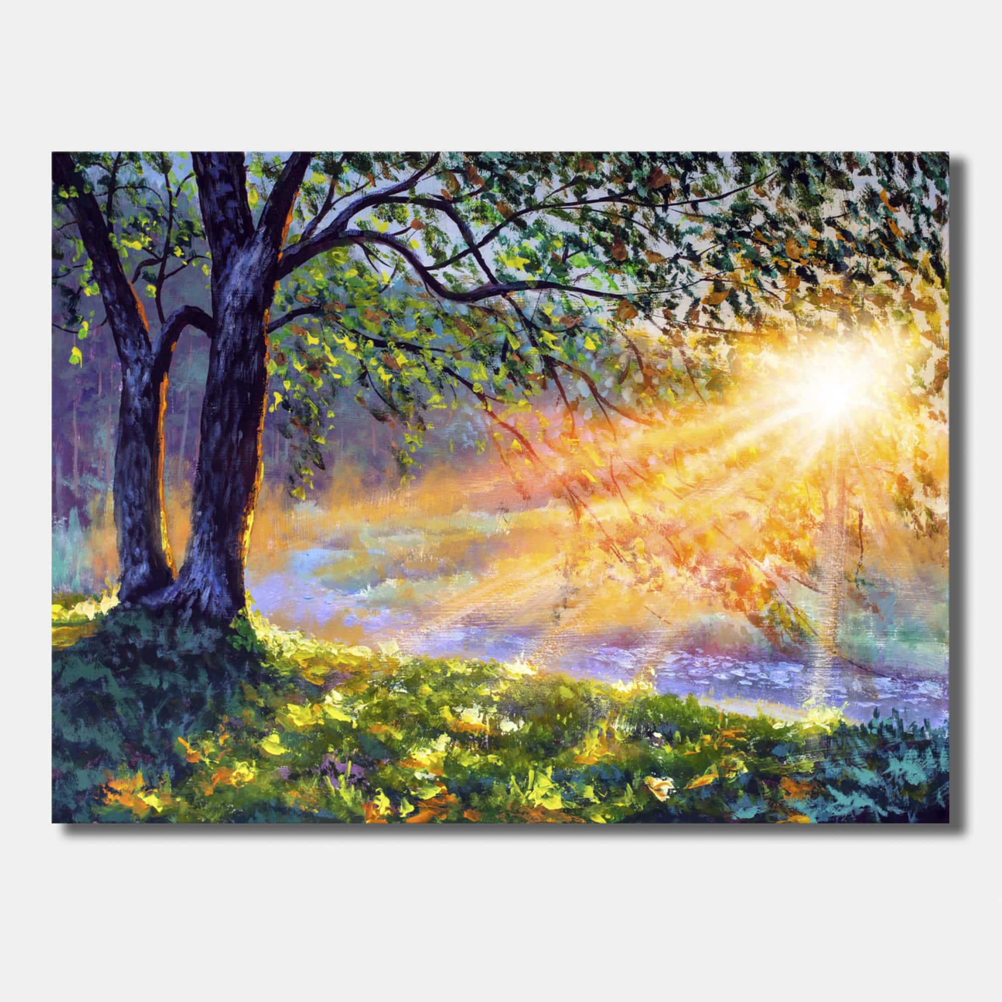 Designart - Dawn Sunshine Light By The River - Farmhouse Canvas Wall Art Print