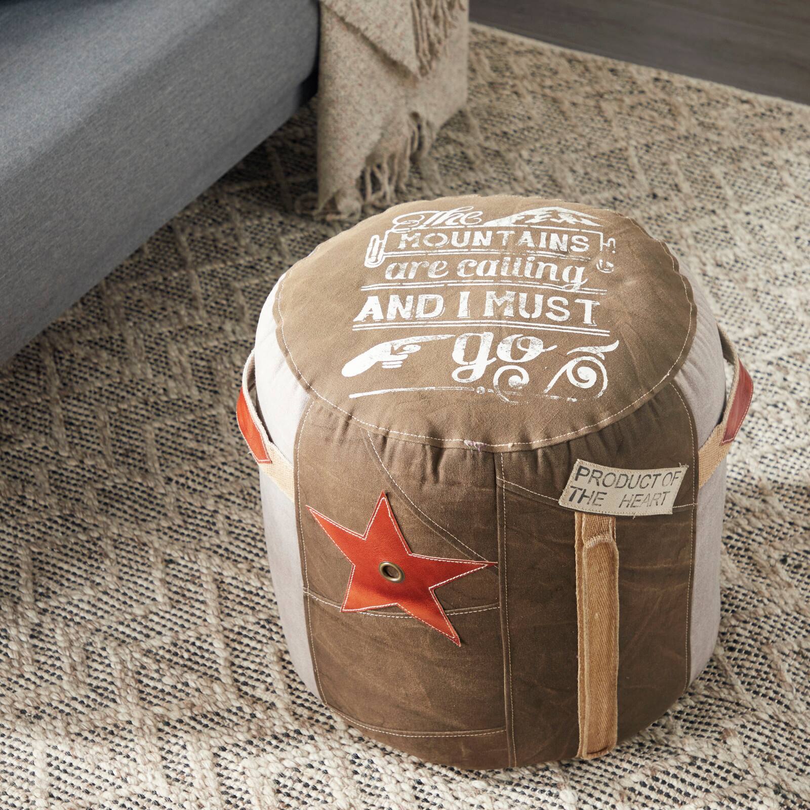 Brown Canvas and Leather Rustic Pouf, 19&#x22; x 17&#x22; x 17&#x22;