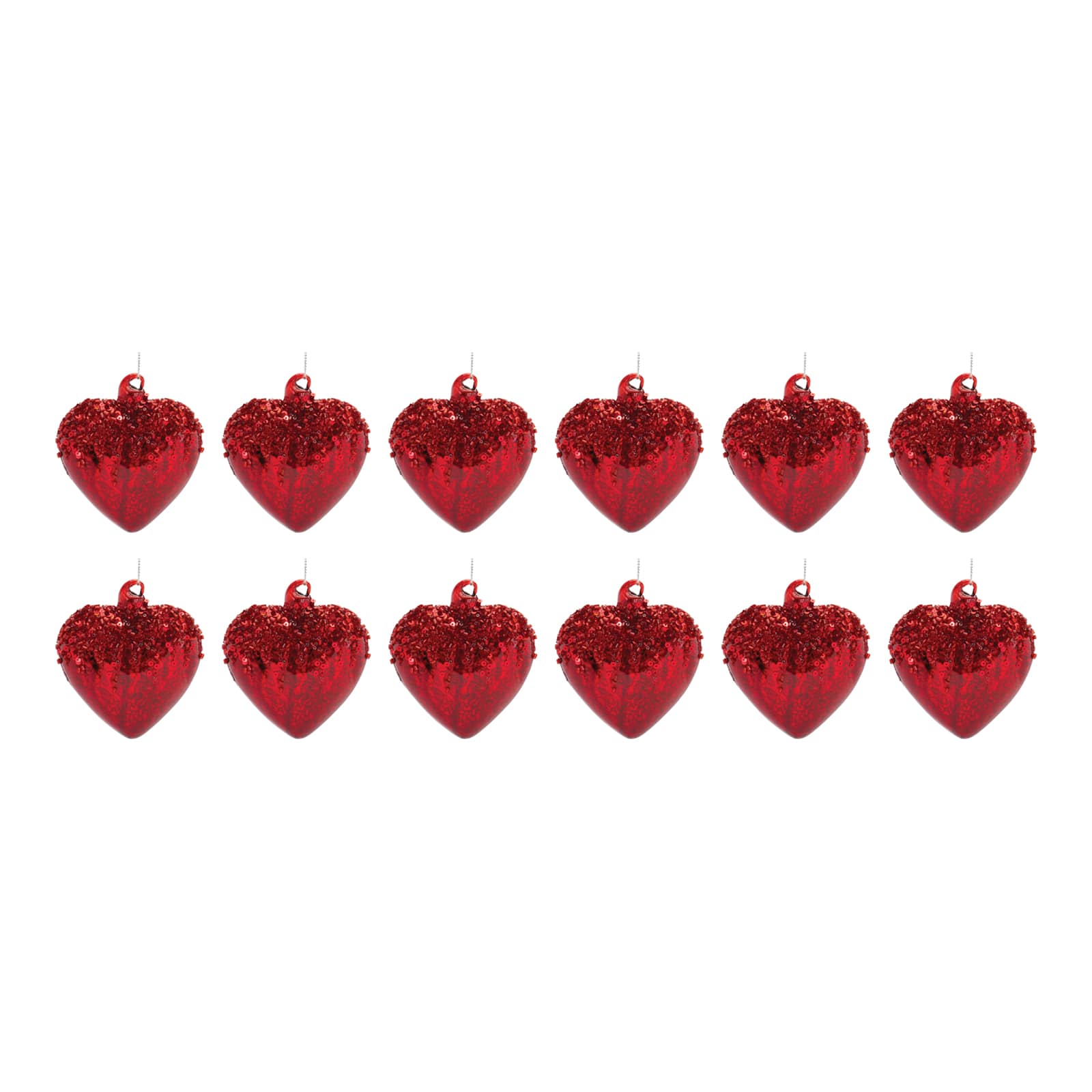 12ct. 3.75&#x22; Sequined Red Glass Heart Ornaments