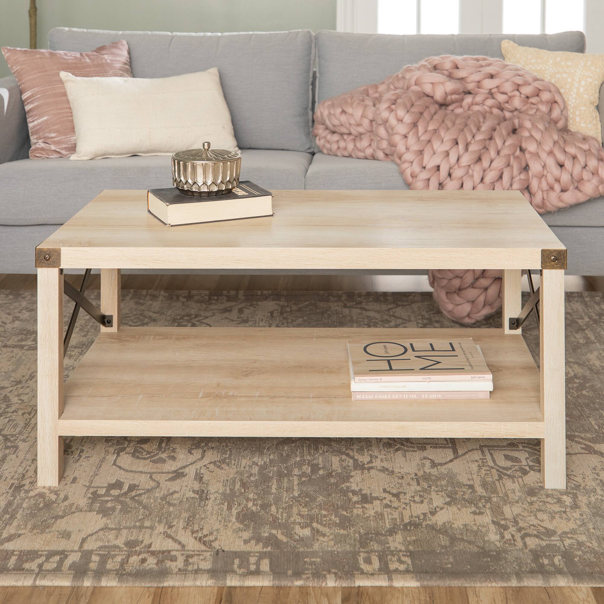 White Oak & Bronze Metal X Rustic Wood Coffee Table