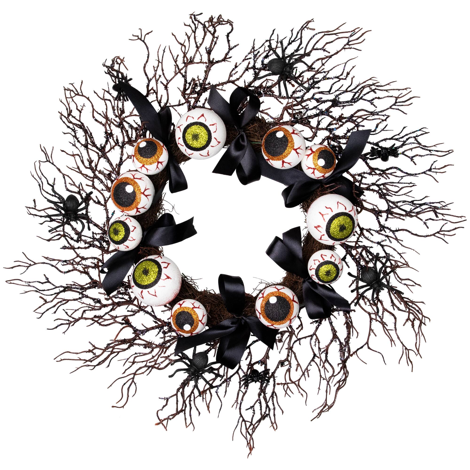 24'' Unlit Eyeballs and Spiders Halloween Twig Wreath