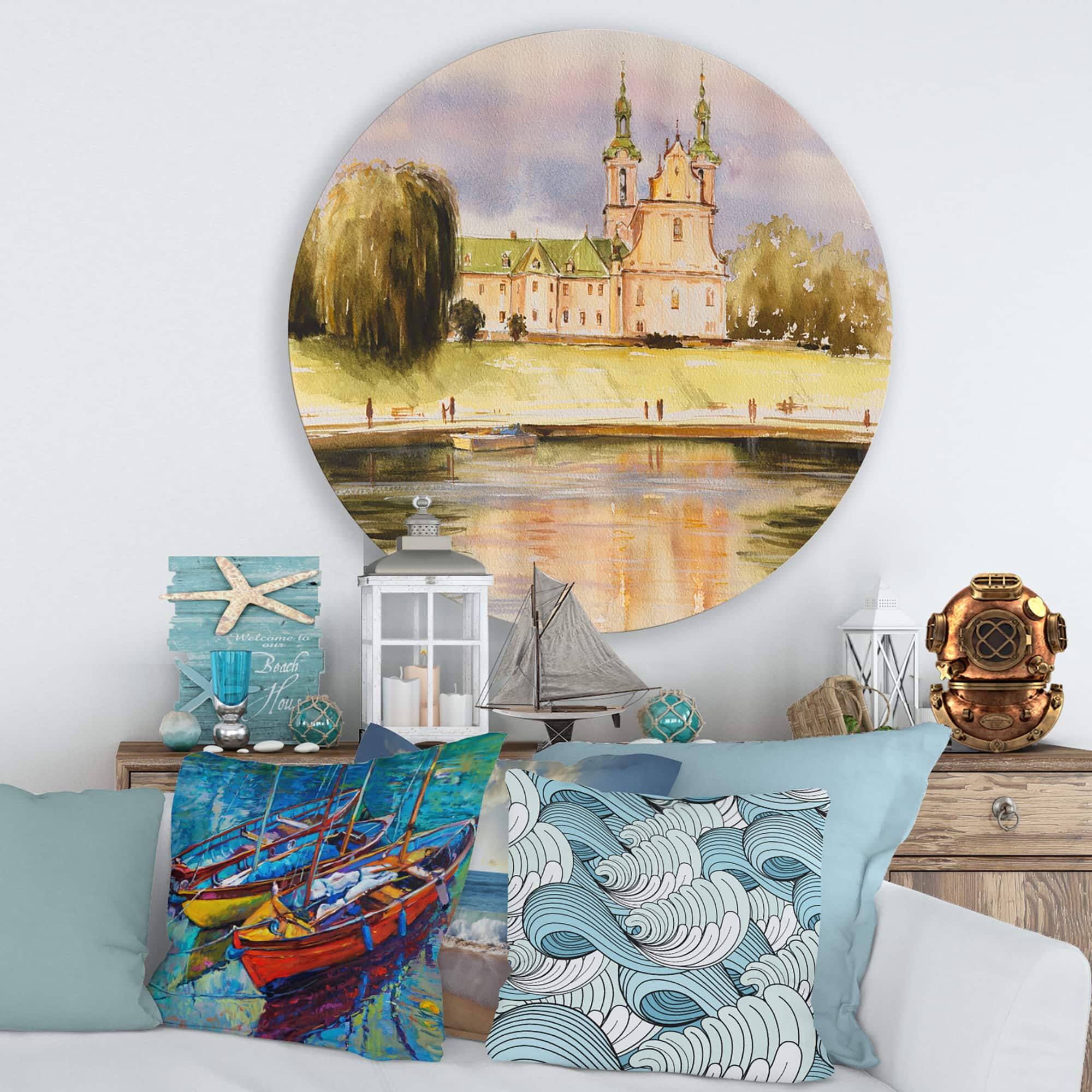 Designart - Historic Church On The Rock On Banks of The River - Lake House Metal Circle Wall Art