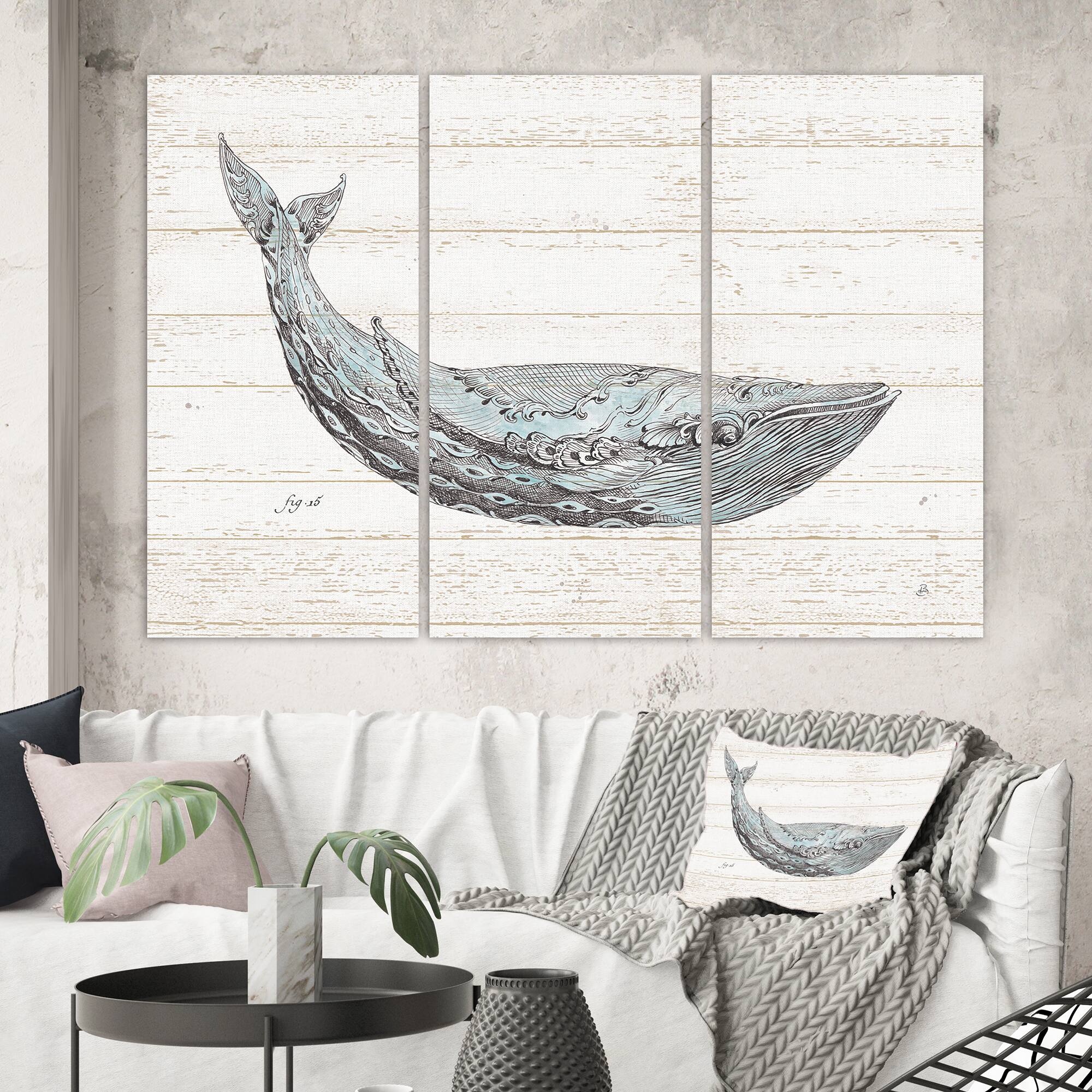 Designart - Blue Whale Handpainted Watercolor - Nautical &#x26; Coastal Gallery-wrapped Canvas
