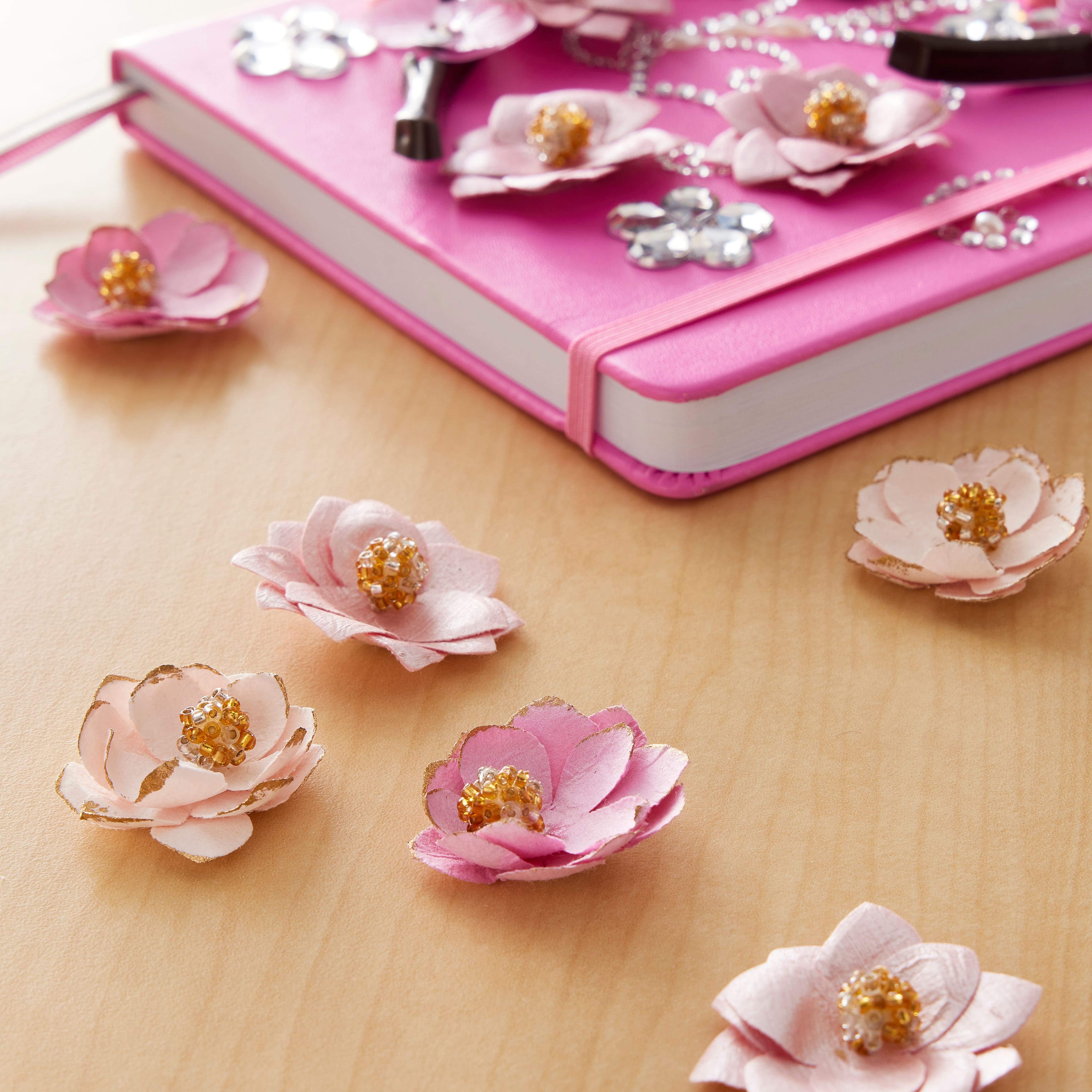 12 Packs: 12 ct. (144 total) Signature&#x2122; Gold Tipped Pink Flower Embellishments by Recollections&#x2122;
