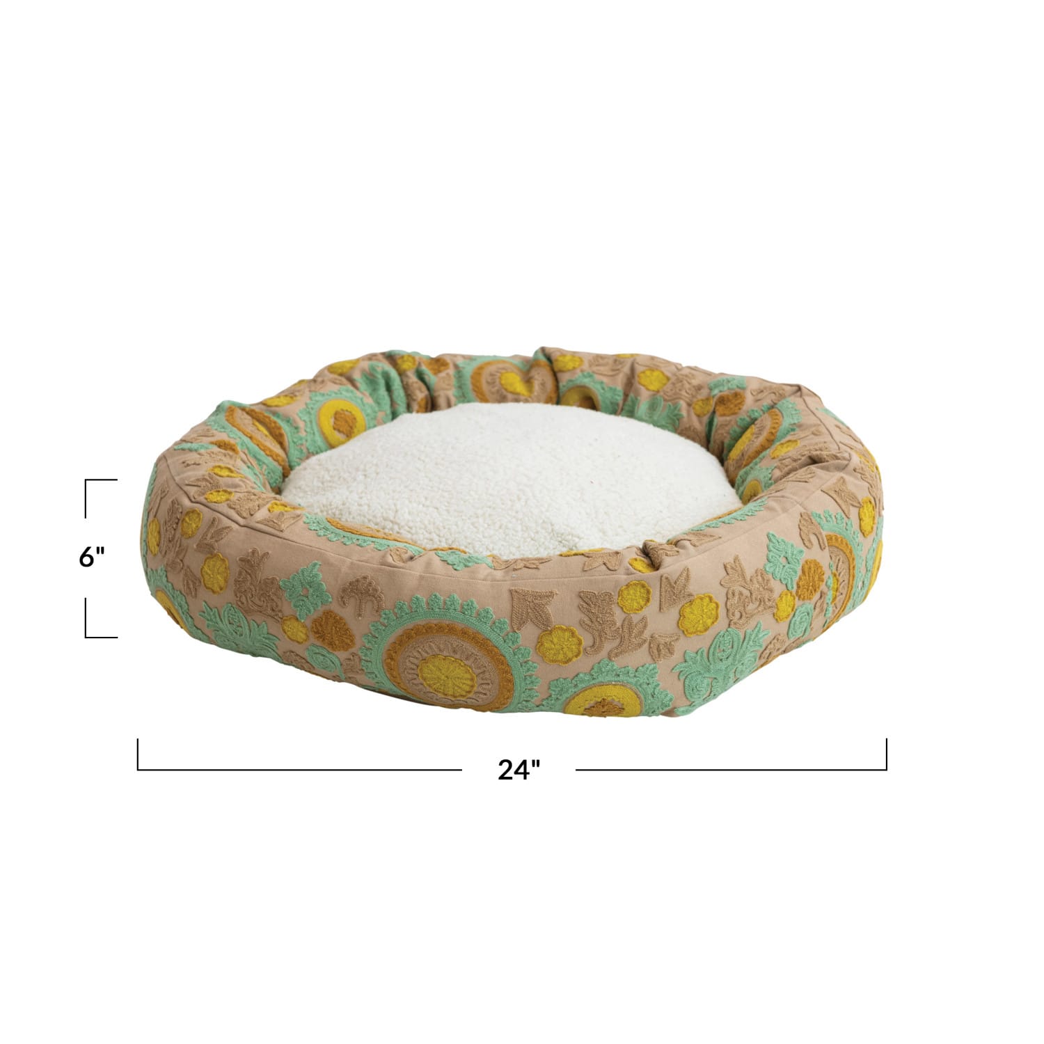 Hello Honey&#xAE; 24&#x22; Taupe, Green &#x26; Mint Round Floral Cotton &#x26; Sherpa Pet Bed