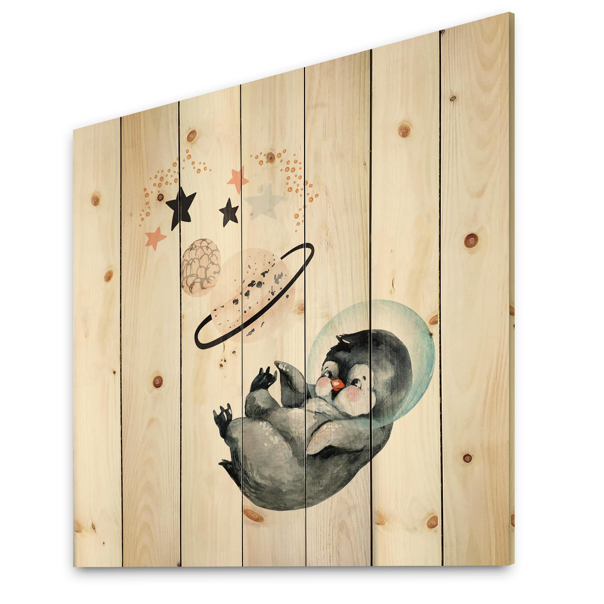 Designart - Little Penguin With Stars and Planets I - Farmhouse Print on Natural Pine Wood