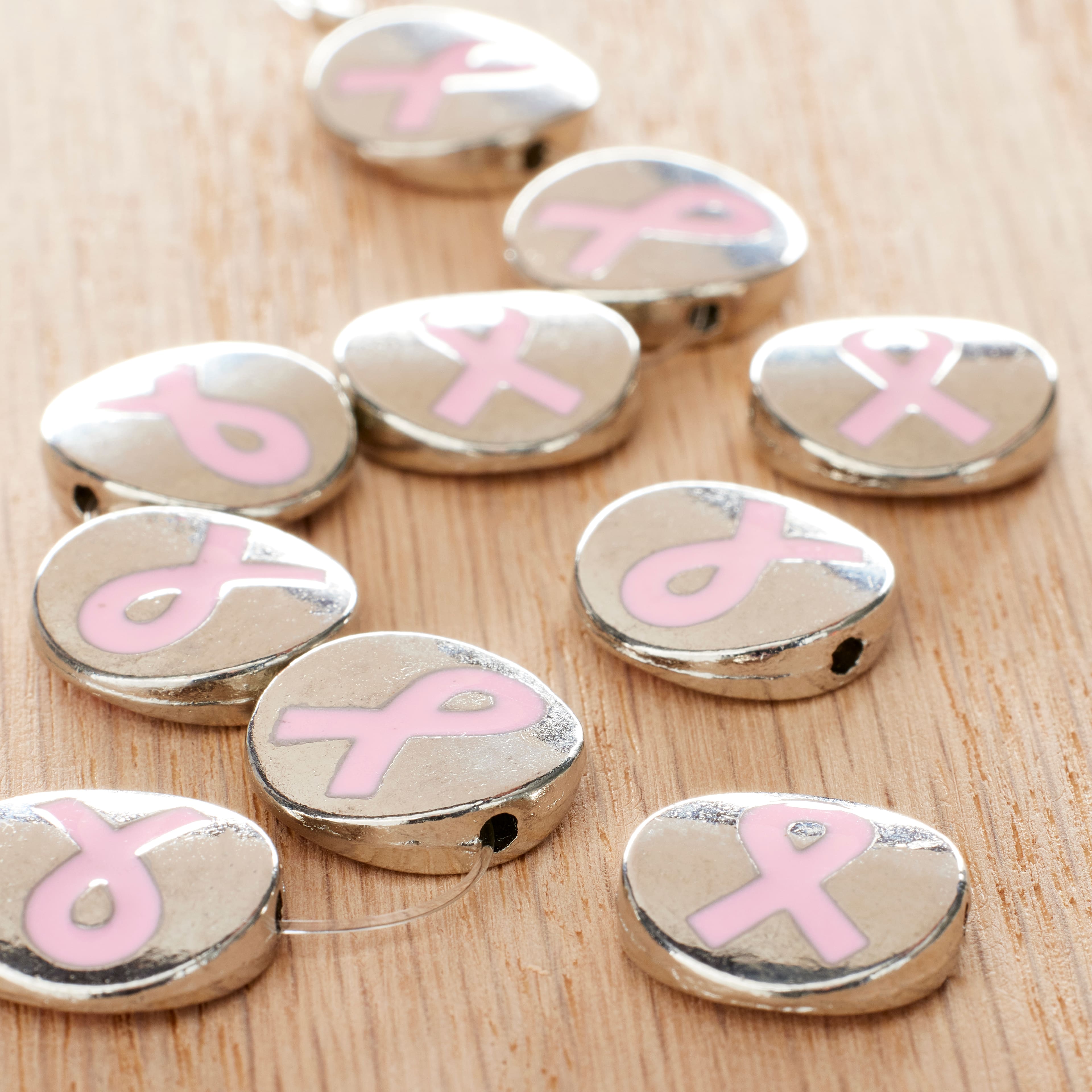 12 Pack: Pink Ribbon Metal Lentil Beads, 14mm by Bead Landing&#x2122;