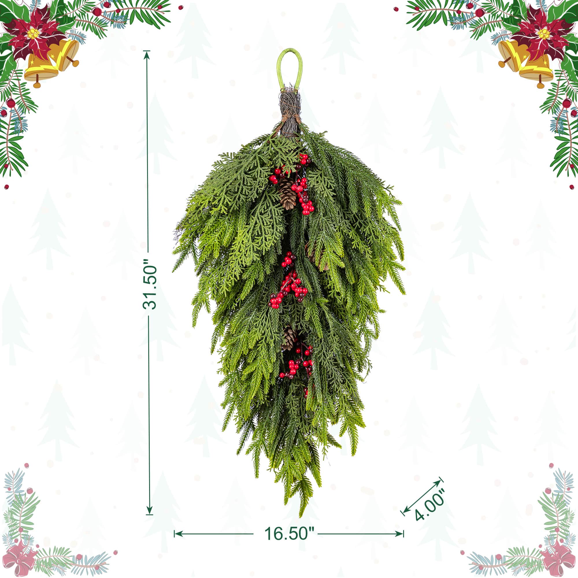 Glitzhome® 31.5"H Christmas Greenery PE Teardrop with Pinecones and Red Berries