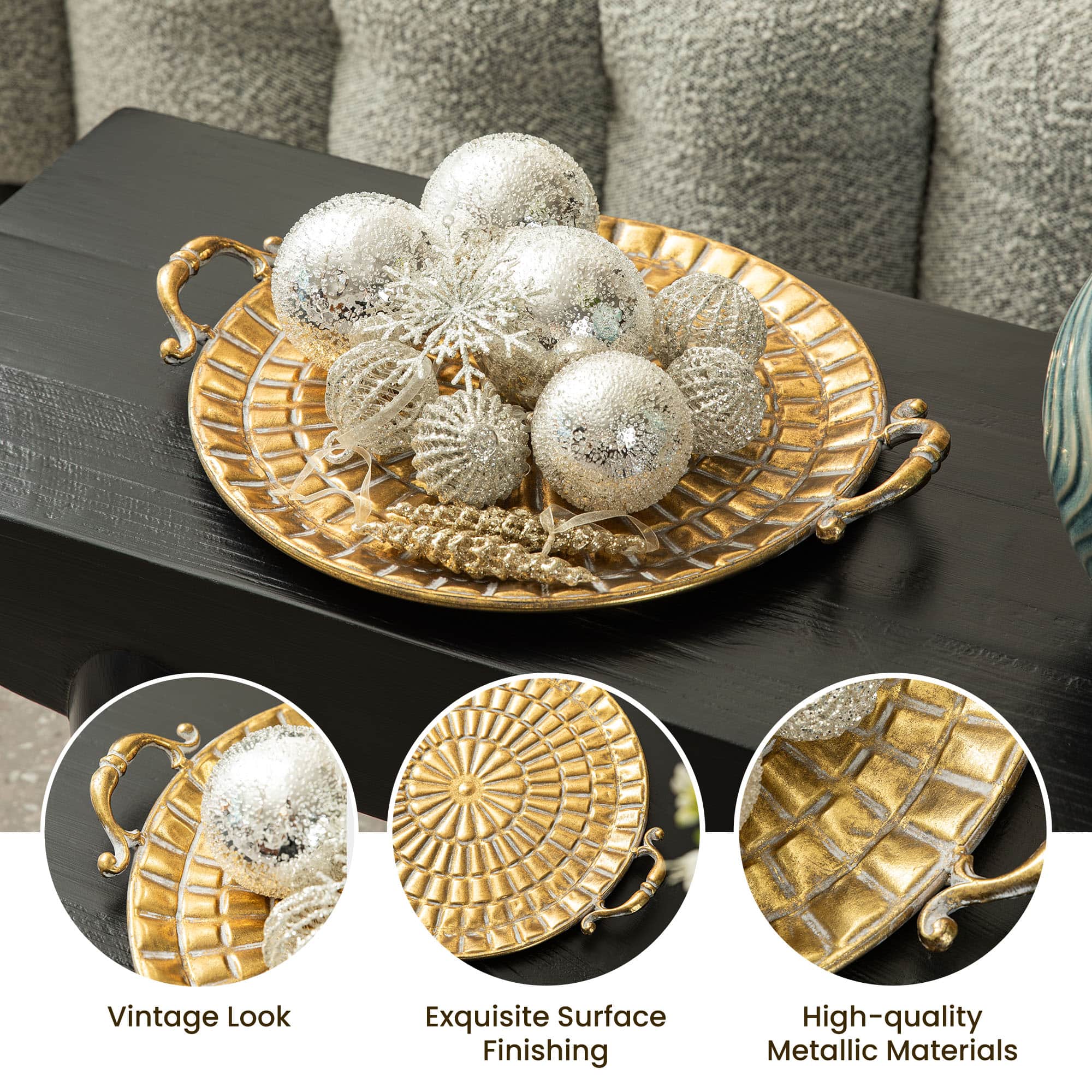 Glitzhome&#xAE; Gold Round Metal Embossed Decorative Trays Set