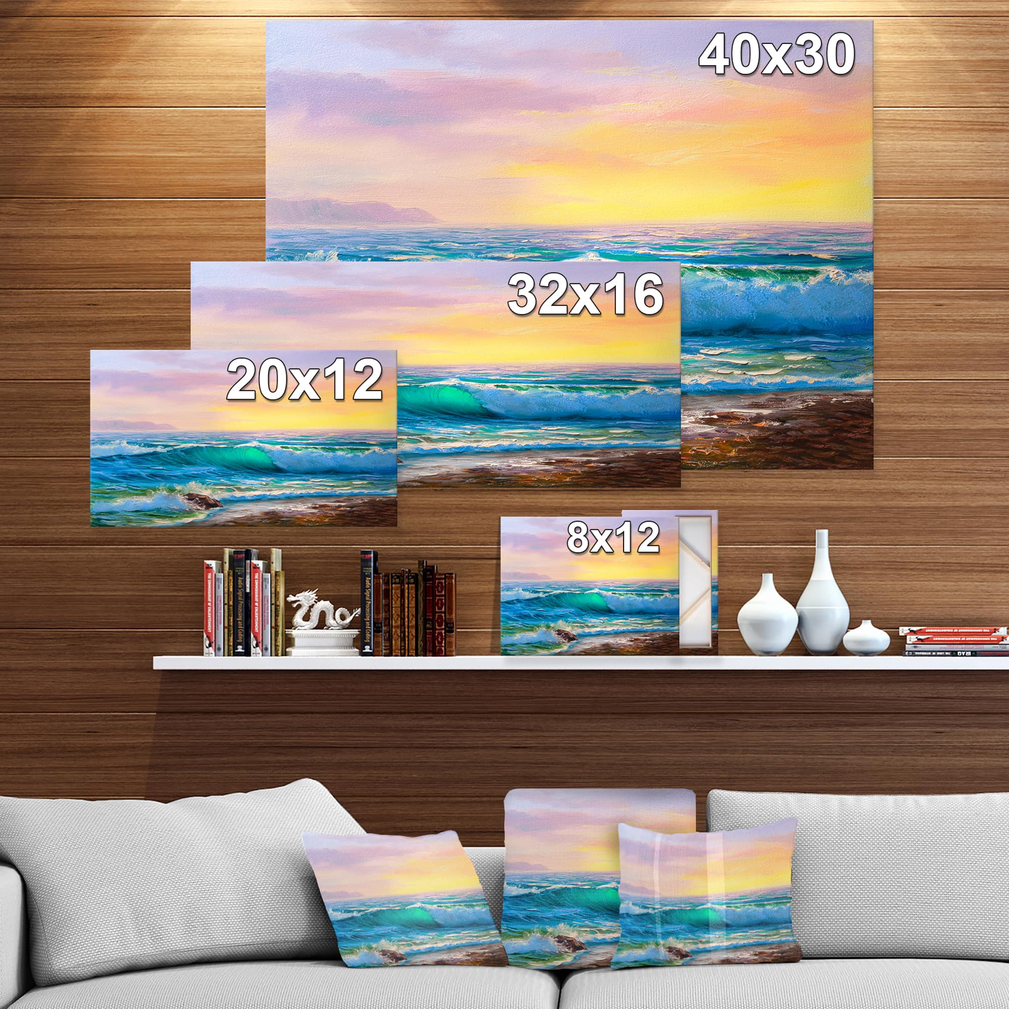 Designart - Sunsets over ocean waves - Sea & Shore Painting Print on Wrapped Canvas