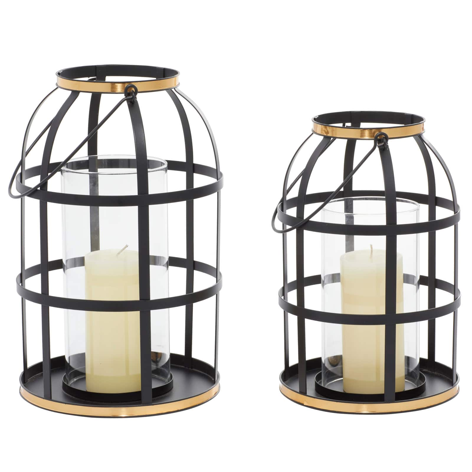 Set of 2&#x22; Black Metal Industrial Lantern , 14&#x22;, 12&#x22;