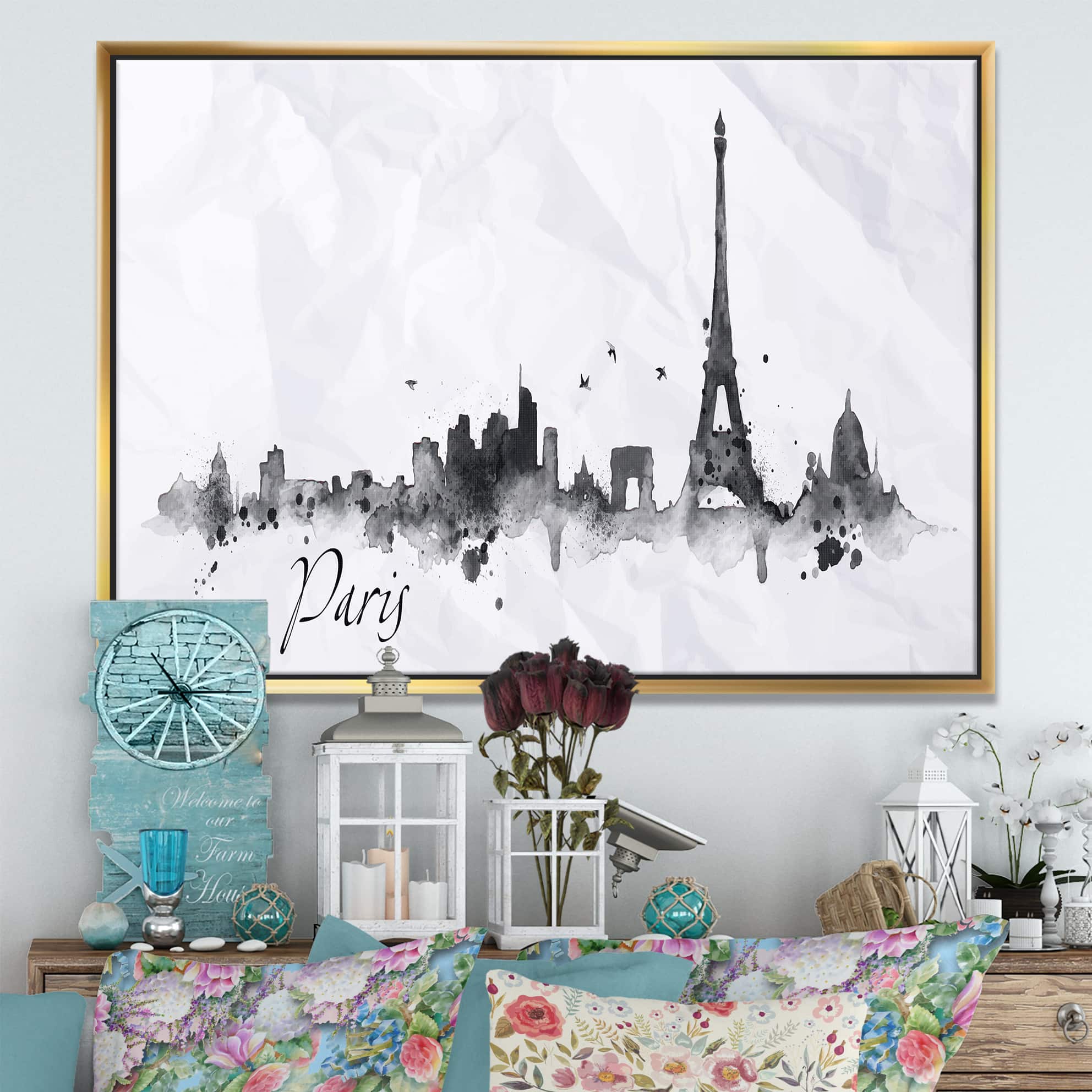 Designart - Paris with Eiffel Silhouette - Cityscape Painting Framed Canvas Print