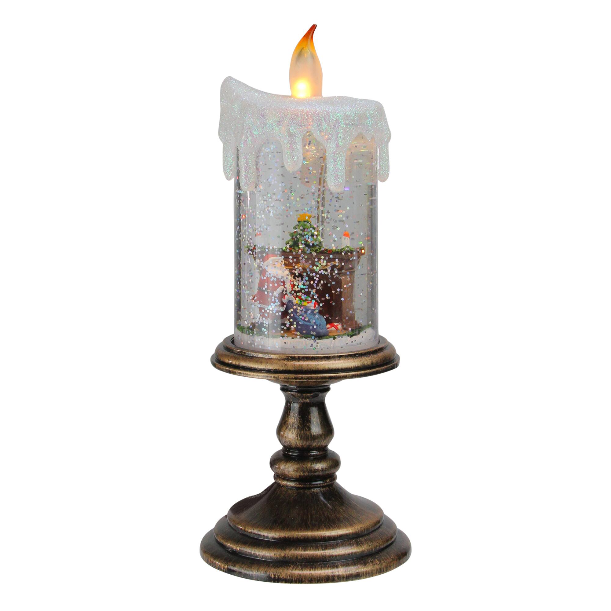 10.25&#x22; LED Flameless Glitter Snow Dome Santa Candle