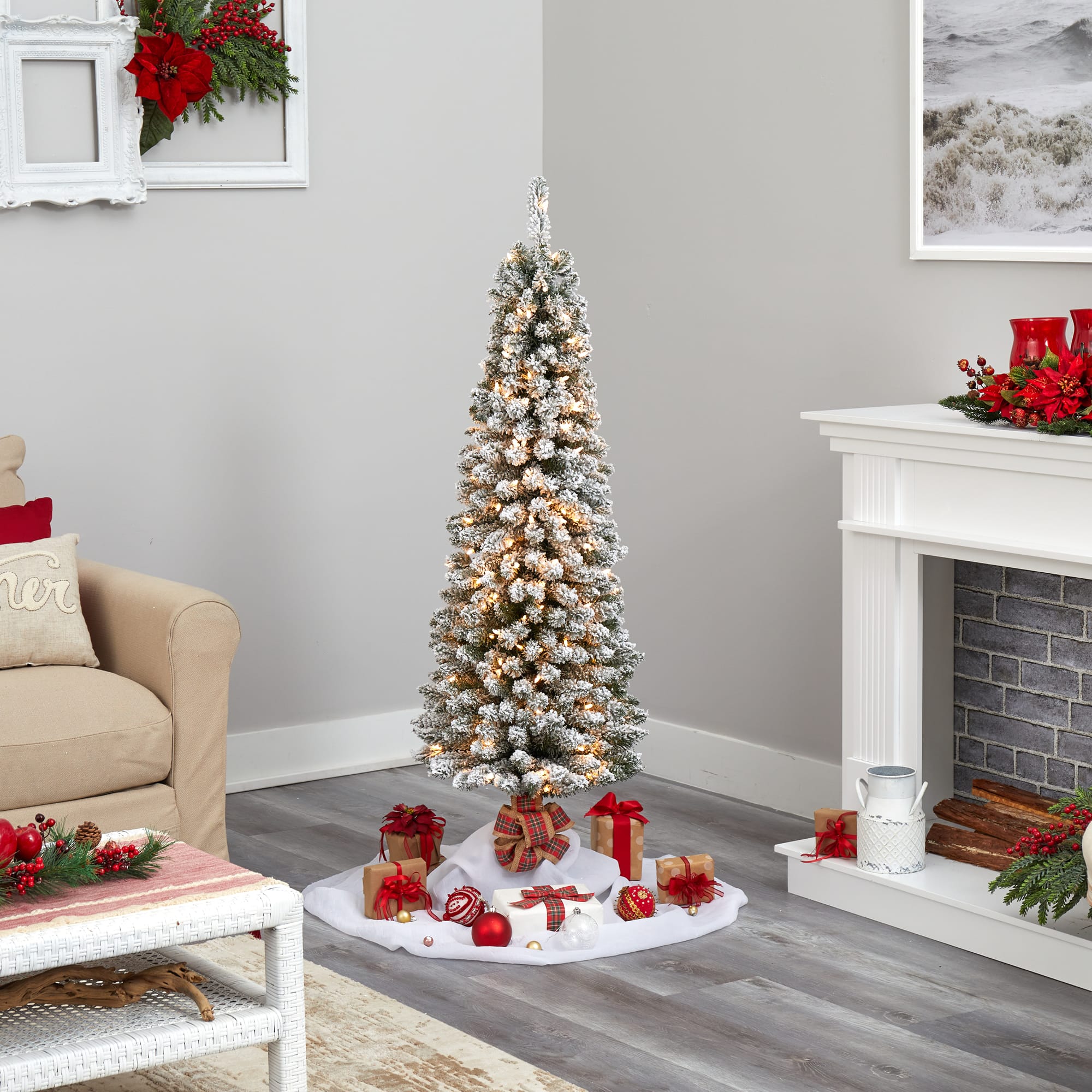 5ft. Pre-Lit Flocked Pencil Artificial Christmas Tree with Clear LED Lights