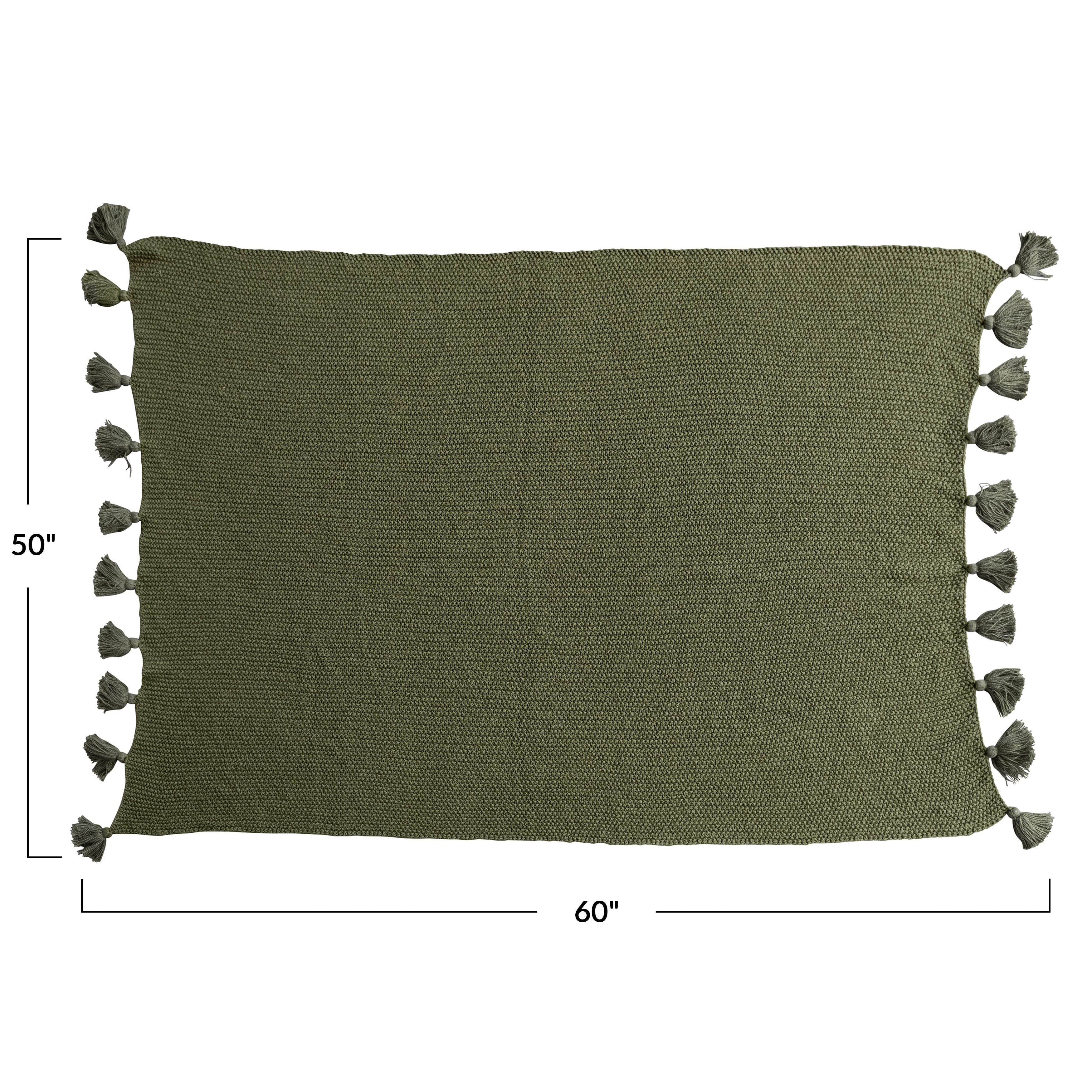 Olive Green Knit Throw Blanket with Tassels