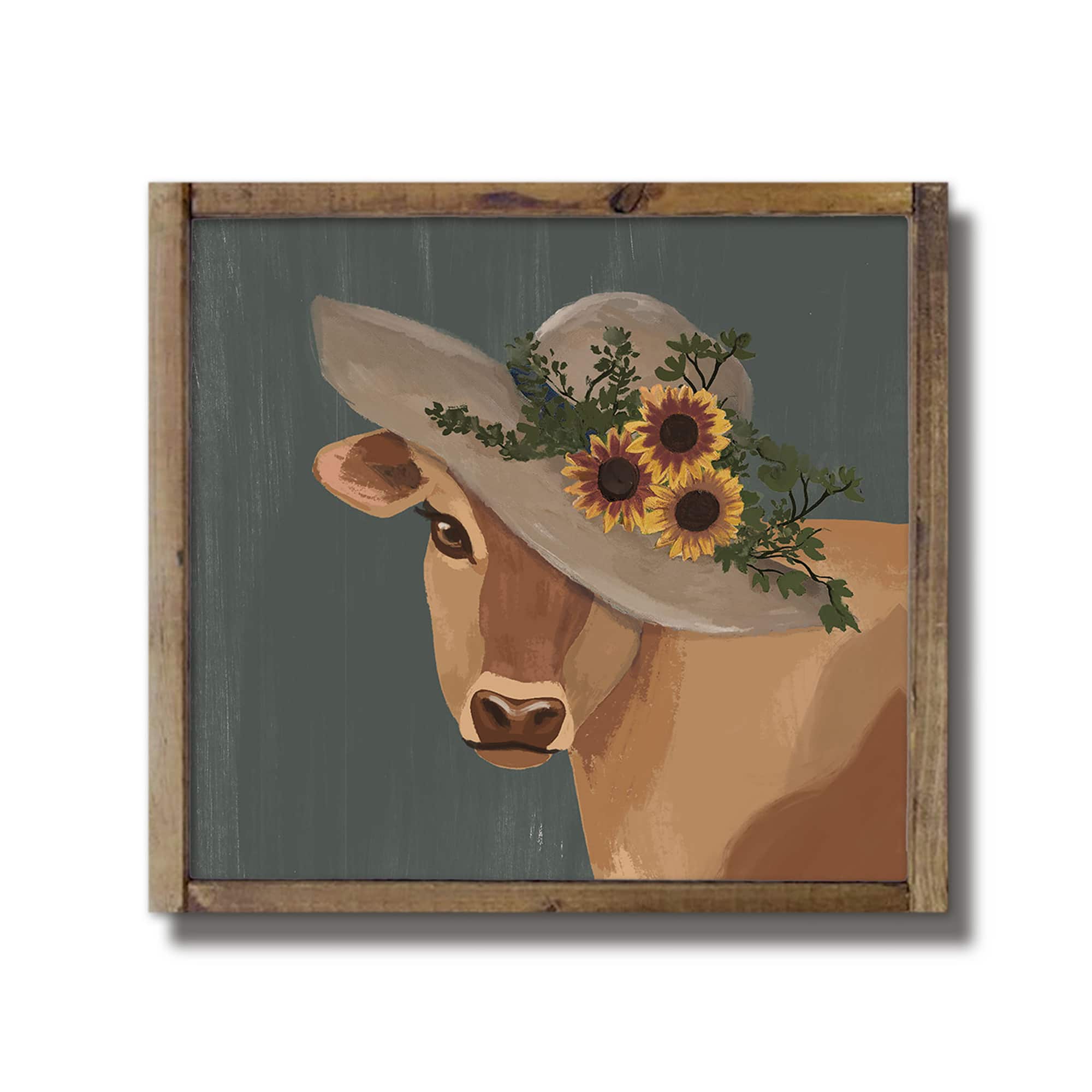 Sunflower Hat Cow Framed Wood Plaque