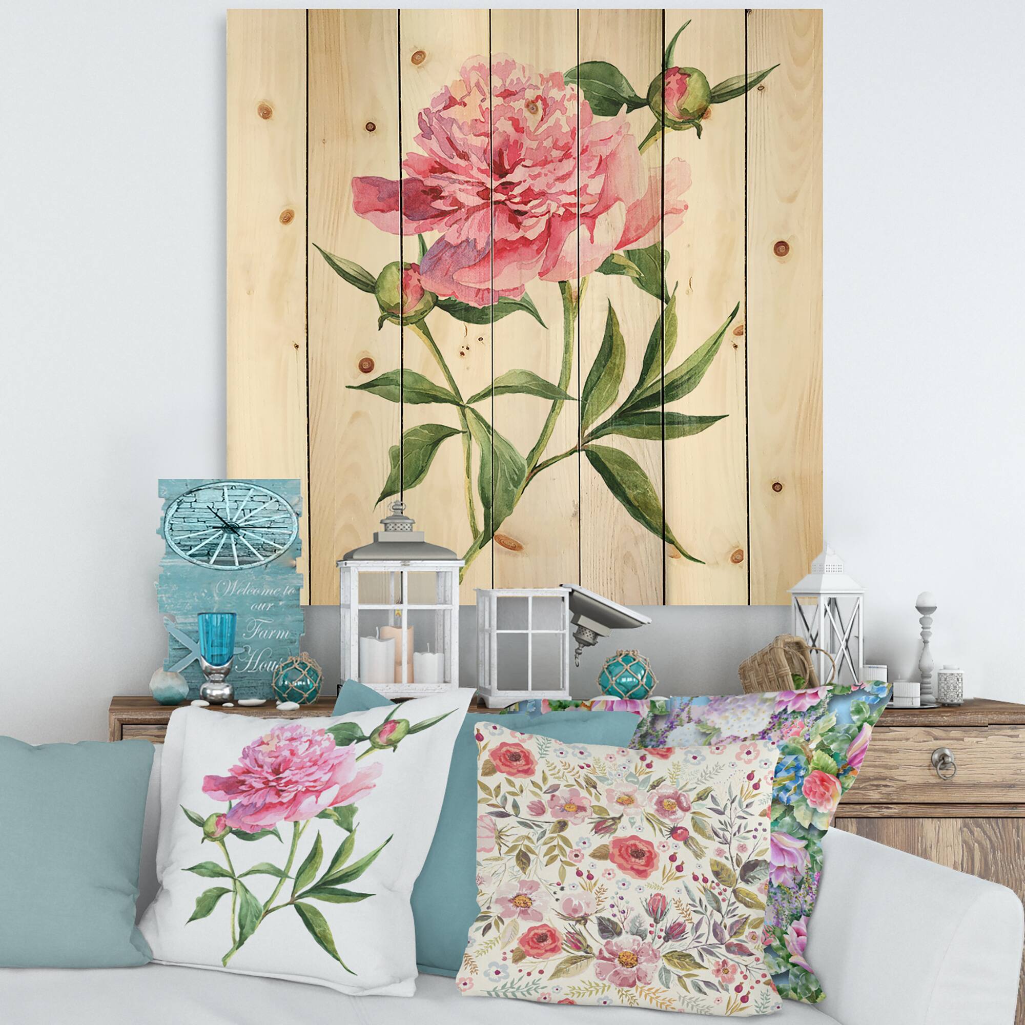 Designart - Vintage Pink Peonies - Traditional Print on Natural Pine Wood