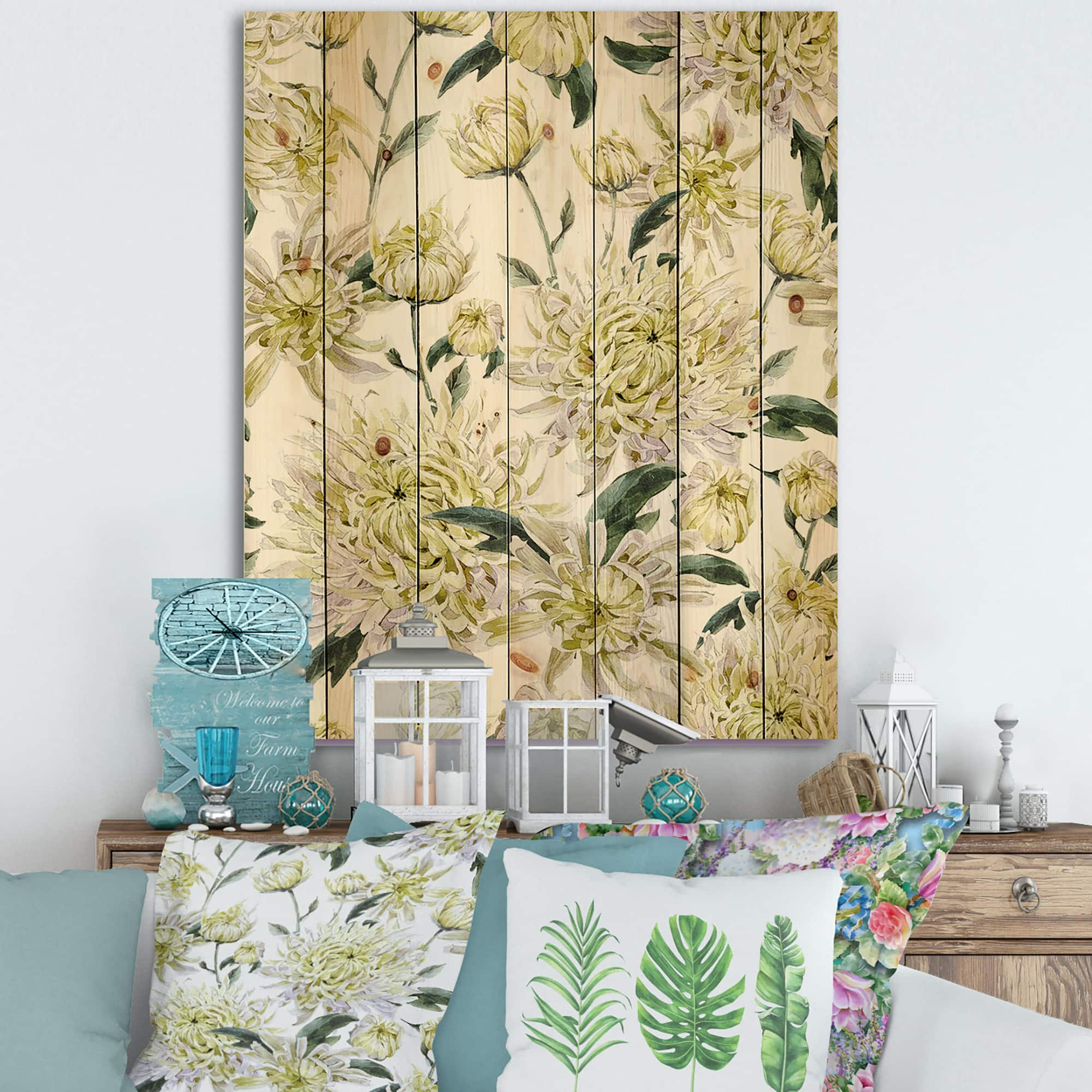 Designart - Vintage Yellow Chrysanthemus I - Traditional Print on Natural Pine Wood