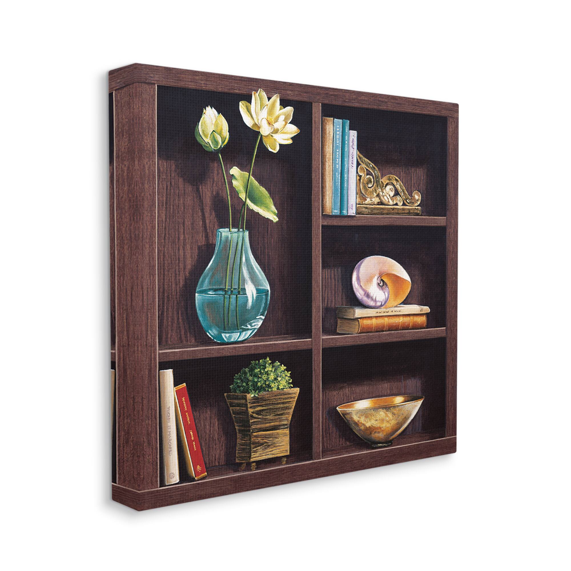 Stupell Industries Elegant Bookshelf Still-Life with Lotus Floral Vase Canvas Wall Art