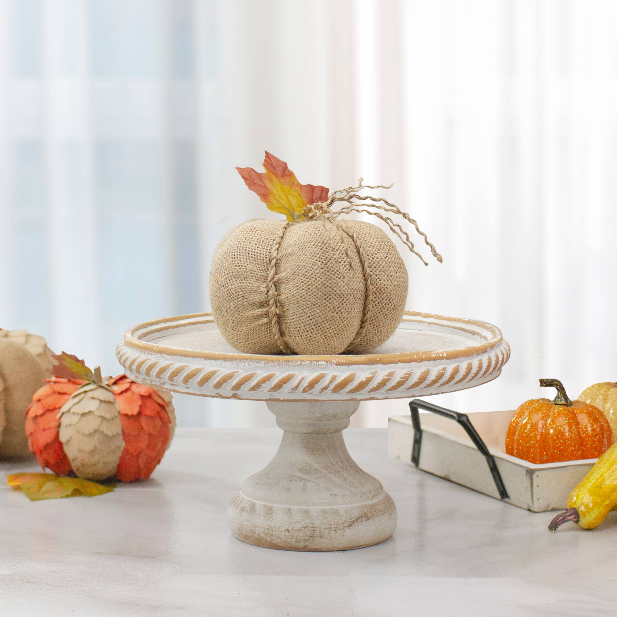 5.5" Beige Burlap Autumn Harvest Tabletop Pumpkin
