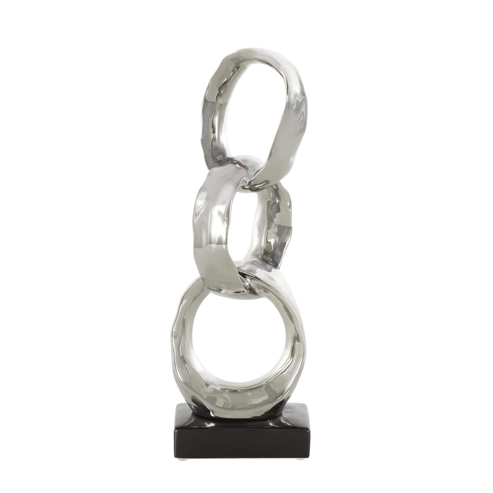 15" Silver Abstract Interlocked Rings Ceramic Sculpture with Black Base