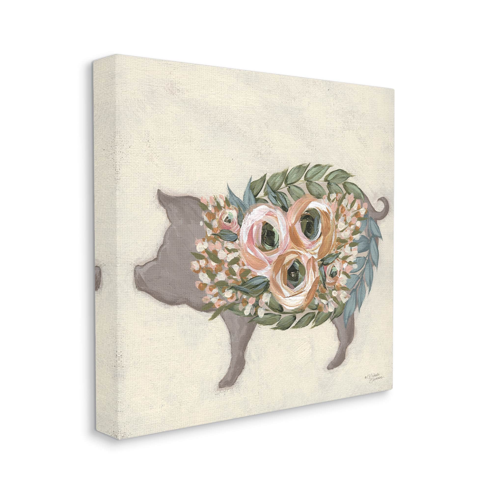 Stupell Industries Charming Farm Pig Green Pink Floral Body Canvas Wall Art