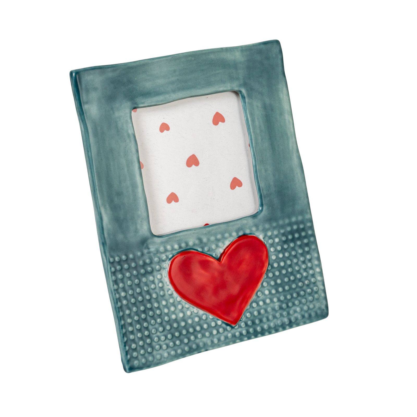 Hello Honey® Handmade Stoneware Photo Blue Frame with Red Heart