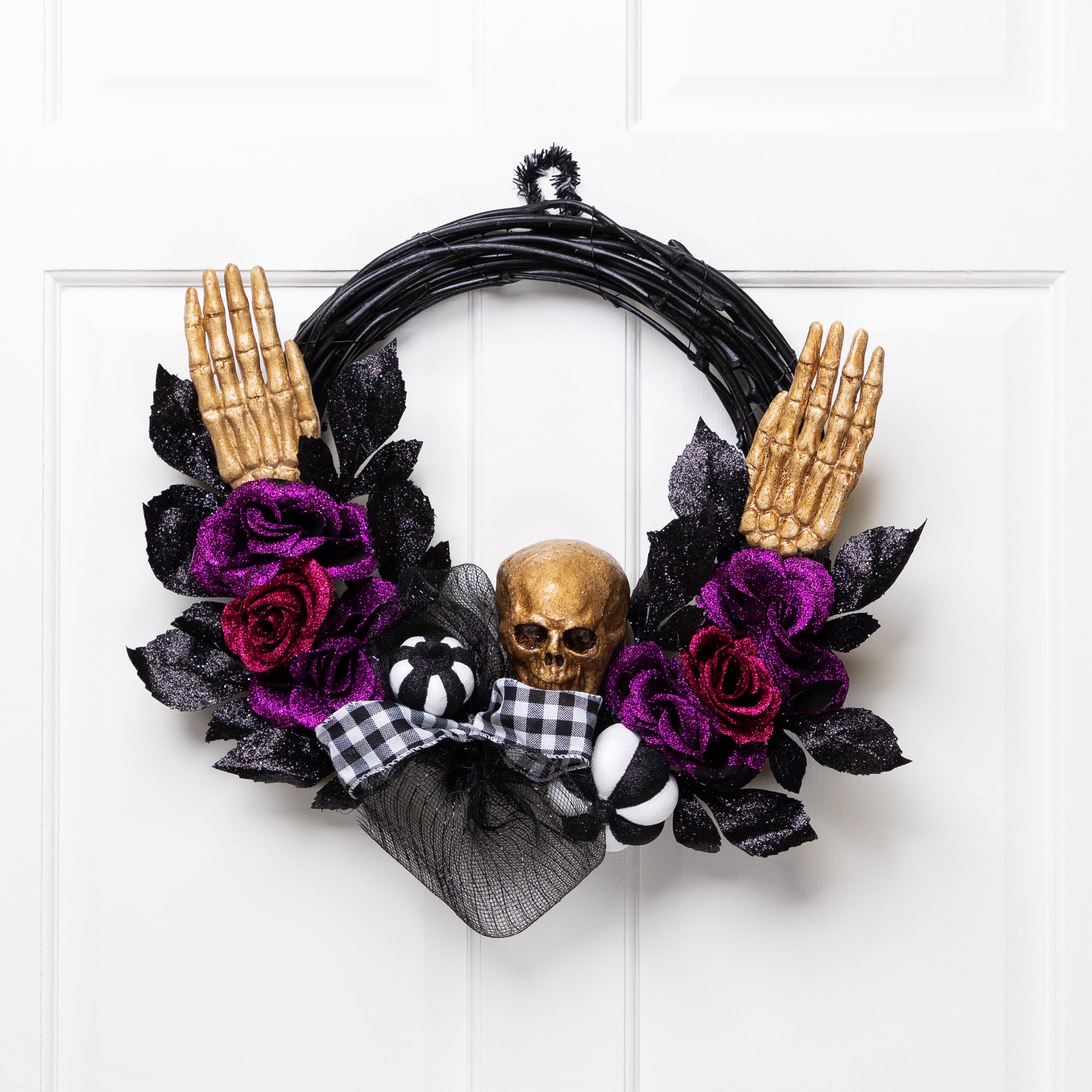 22" Skull with Hands & Purple Roses Halloween Twig Wreath