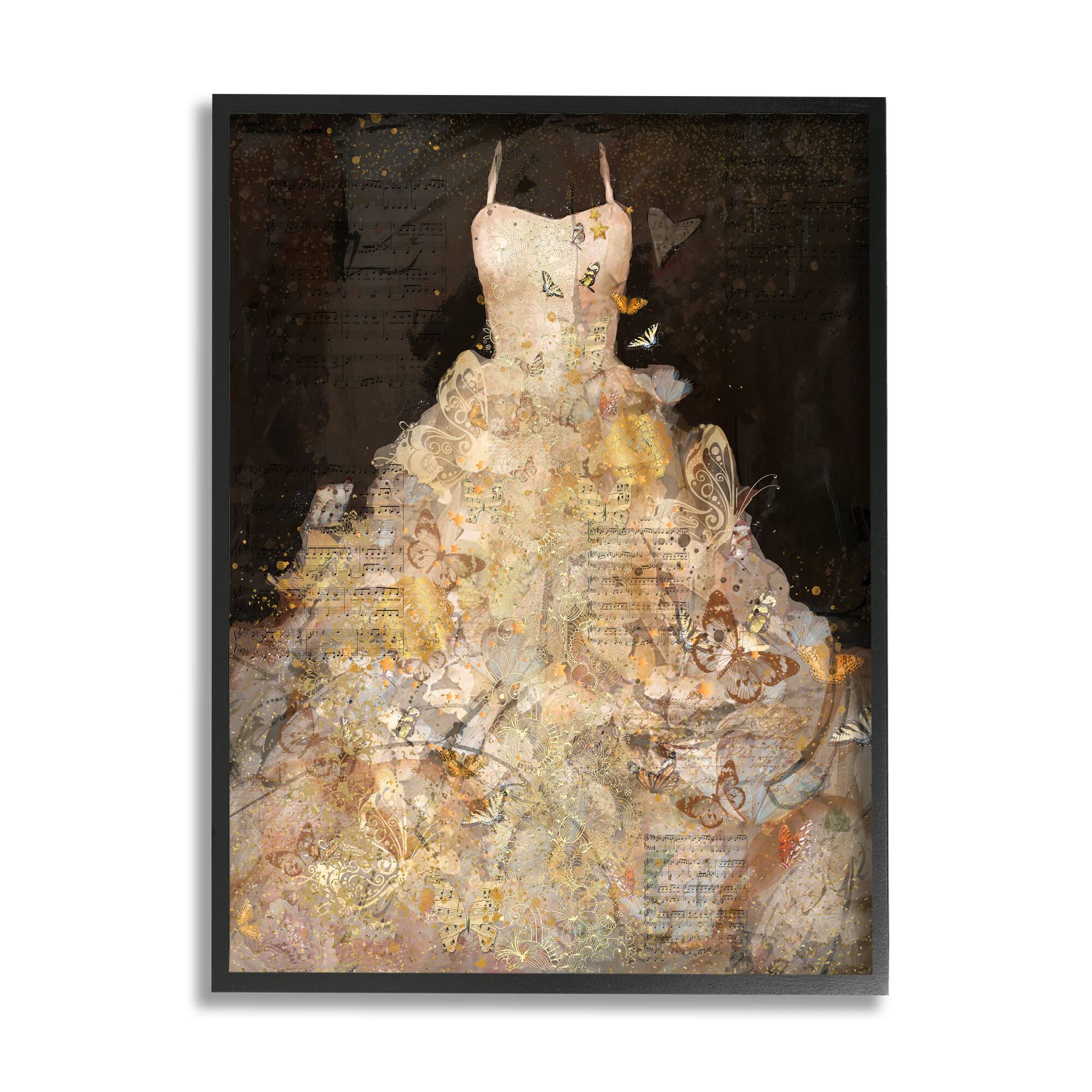 Stupell Industries Detailed Evening Gown Dress Text Collage Butterflies  Framed Giclee Art