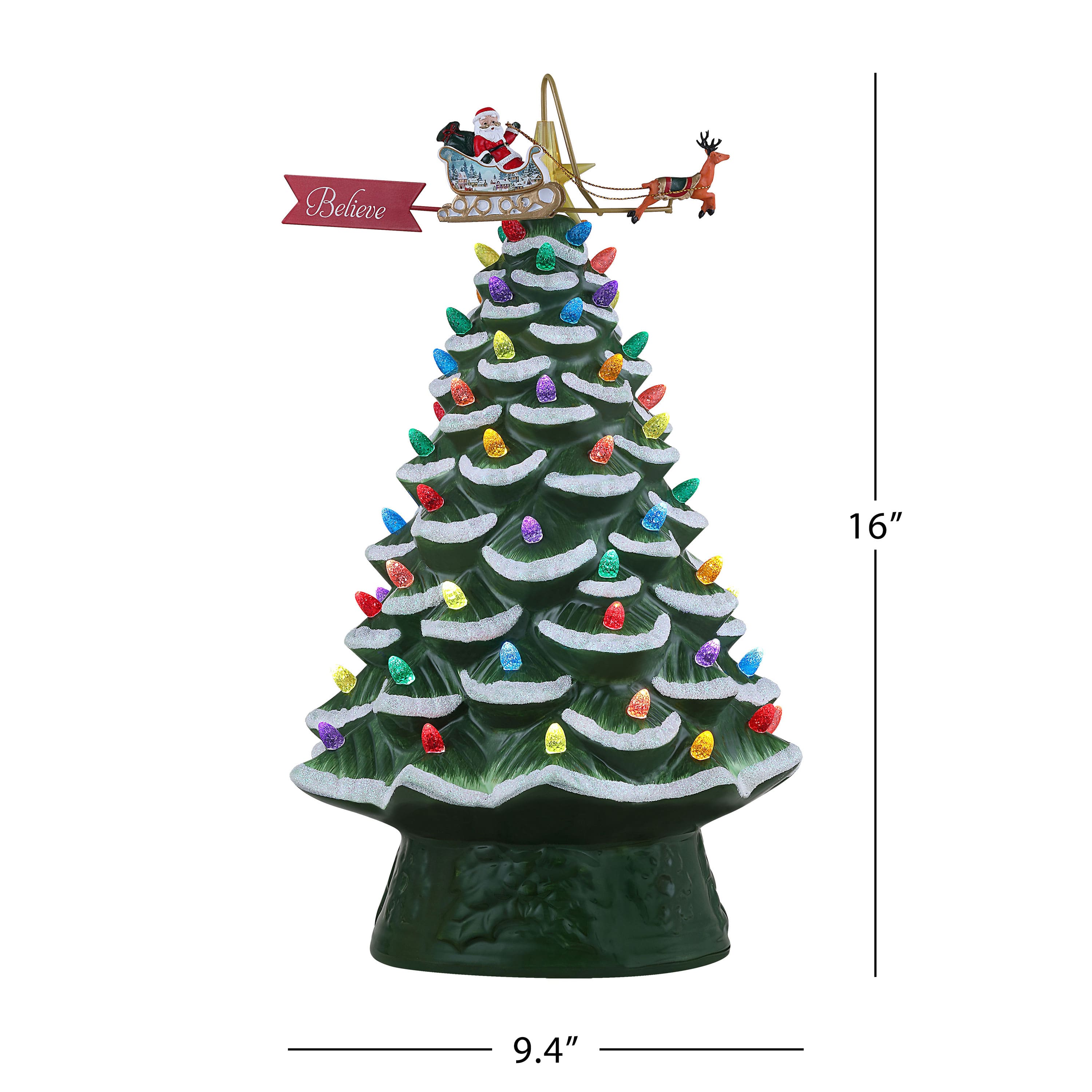 90th Anniversary Collection Green 16&#x22; Ceramic LED Tree with Animated Santa&#x27;s Sleigh