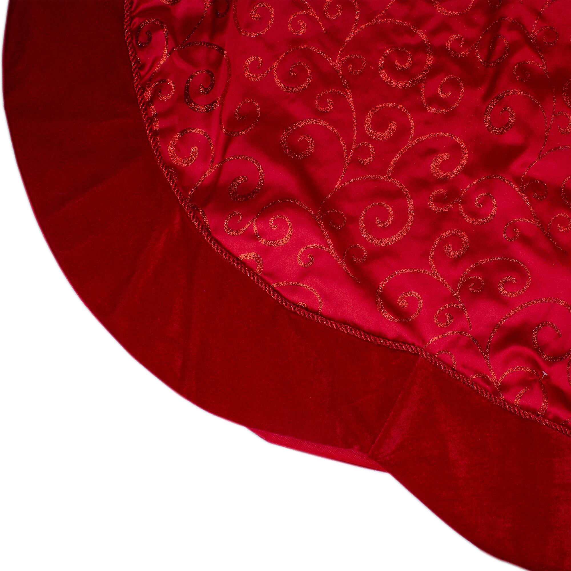 48" Red Glittered Swirl & Velveteen Trim Tree Skirt