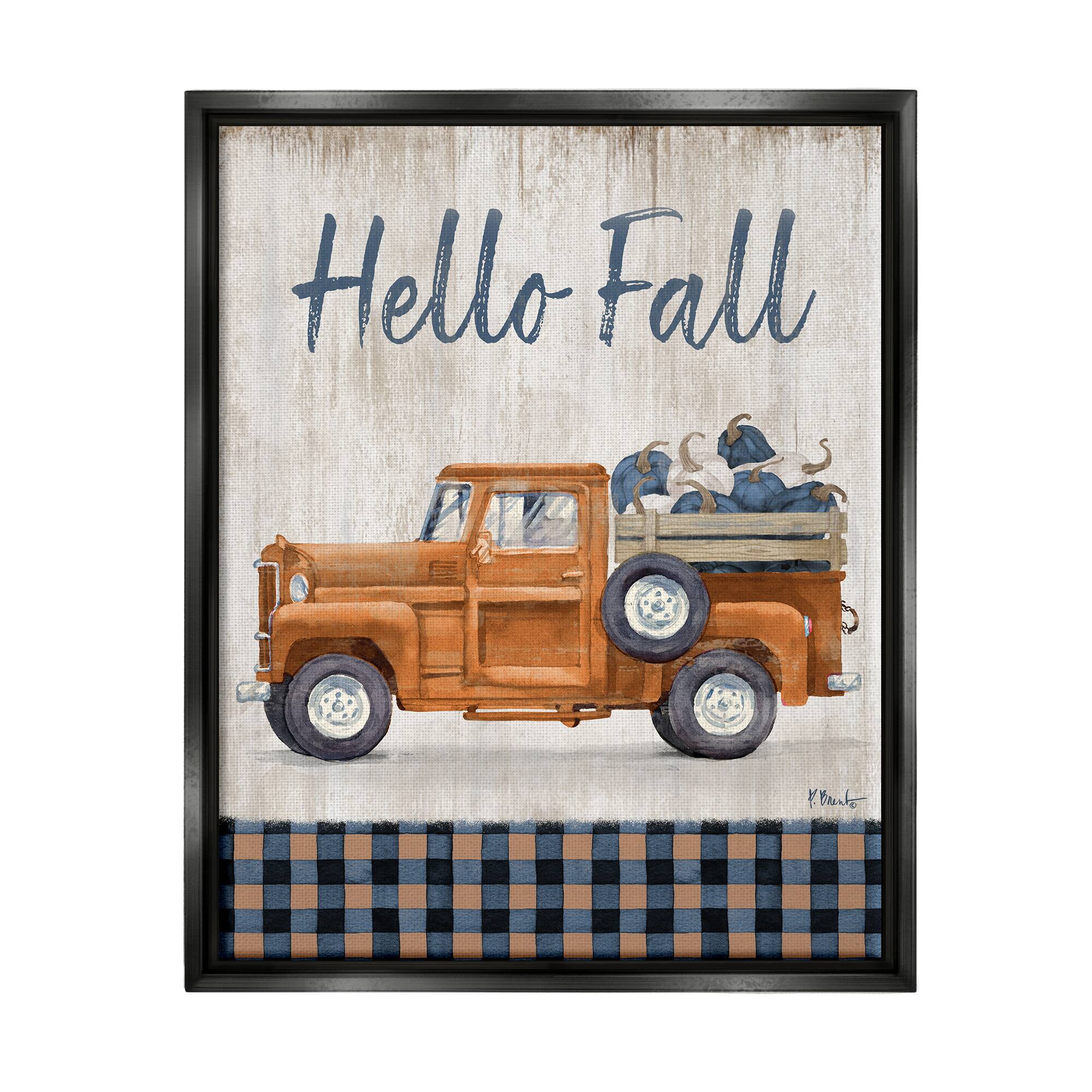 Stupell Industries Hello Fall Plaid Pumpkin Truck Framed Floater Canvas Wall Art