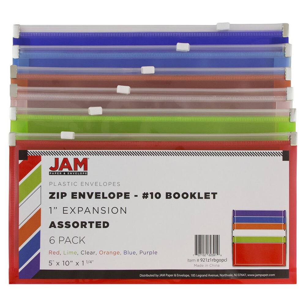 JAM Paper 4.13" x 9.5" Mixed Plastic Zip Closure Booklet Envelopes, 12ct.