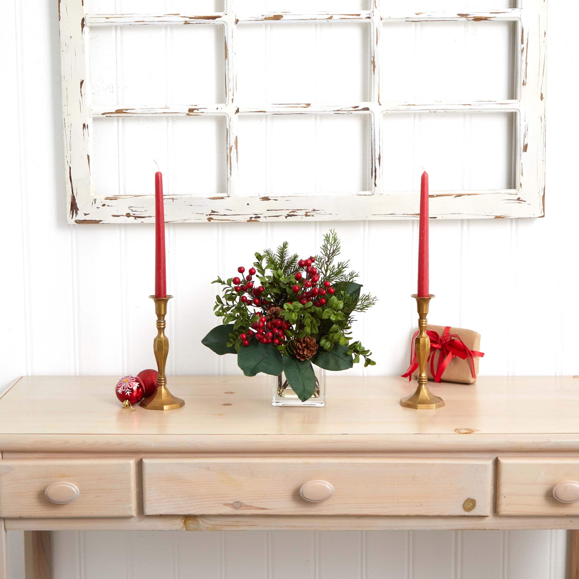 12" Berry, Pine & Boxwood Arrangement with Glass Vase