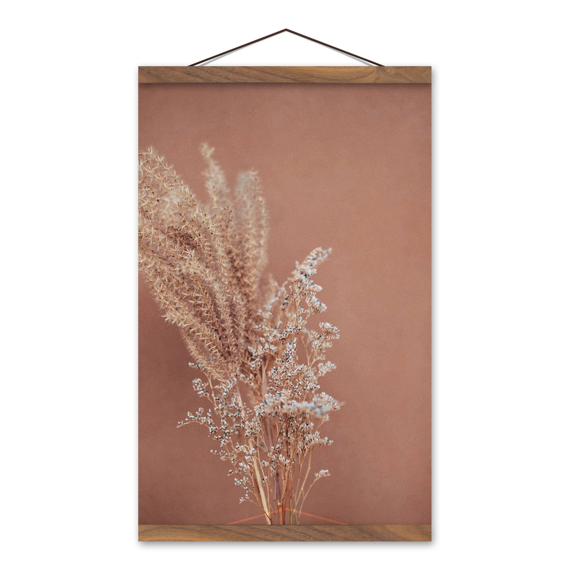 Dried Peachy Flowers 12&#x22; x 18&#x22; Teak Hanging Canvas