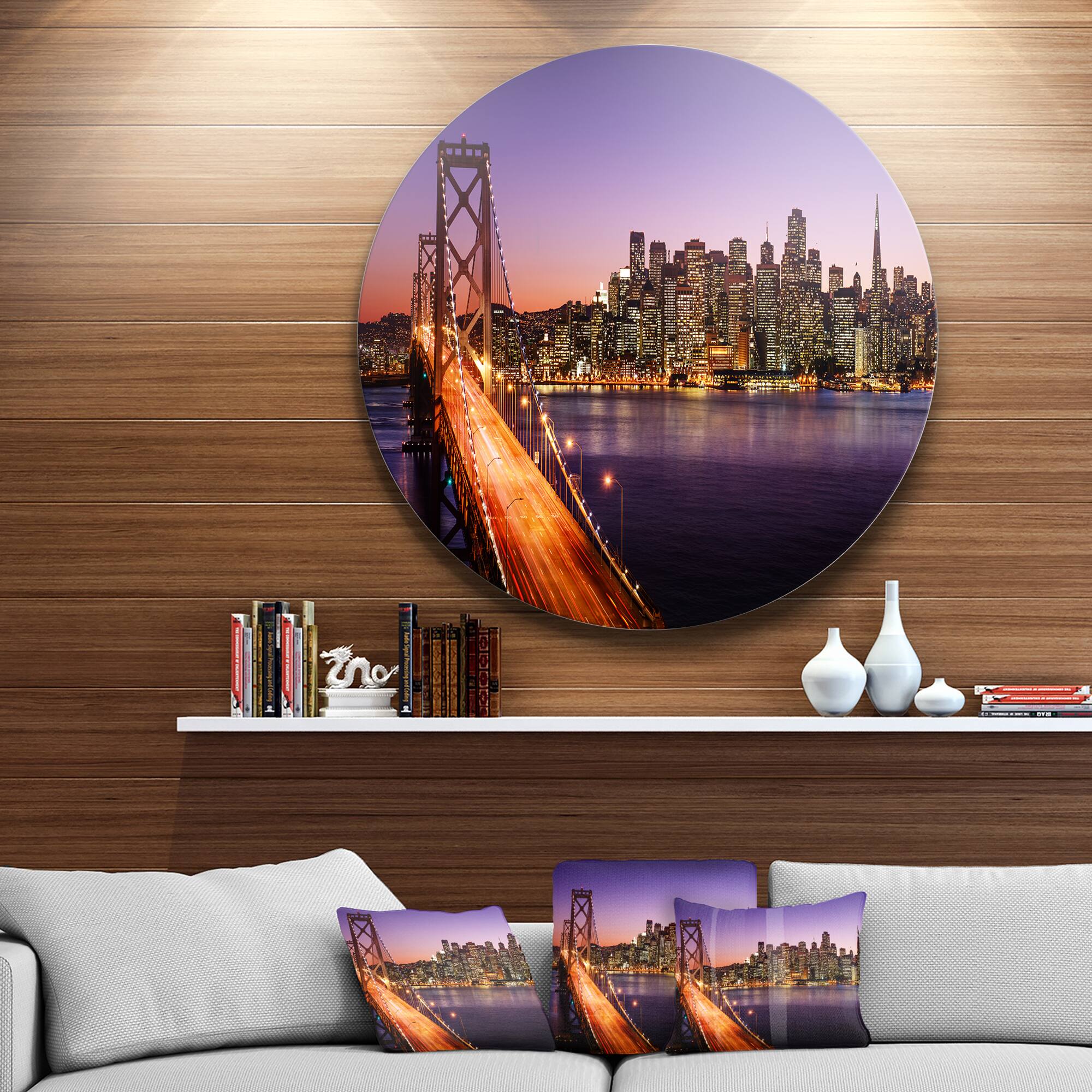 Designart - San Francisco skyline and Bay Bridge' Ultra Glossy Sea Bridge Metal Circle Wall Art