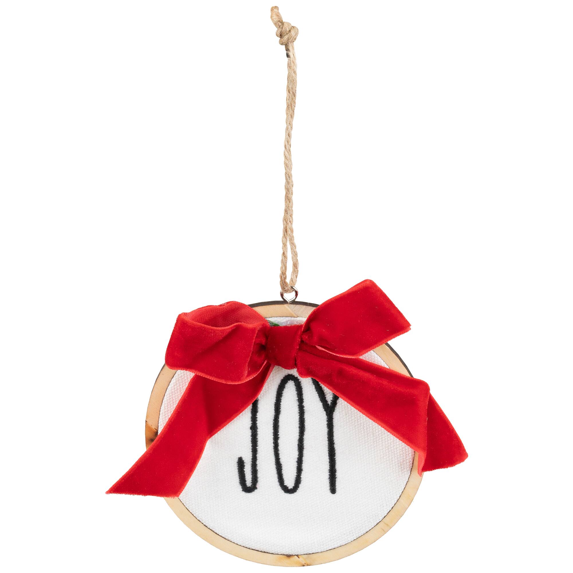 Embroidered Joy with Bow Wooden Disc Christmas Ornament - 4.5&#x22; - Red and White