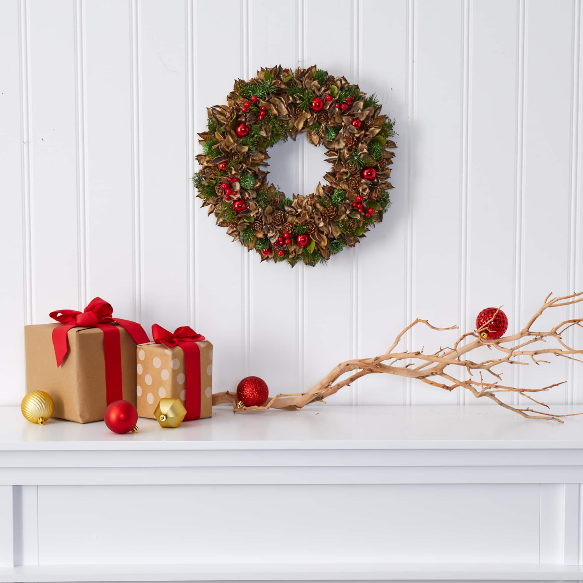 15in. Holiday Wreath with Pine Cones &#x26; Ornaments