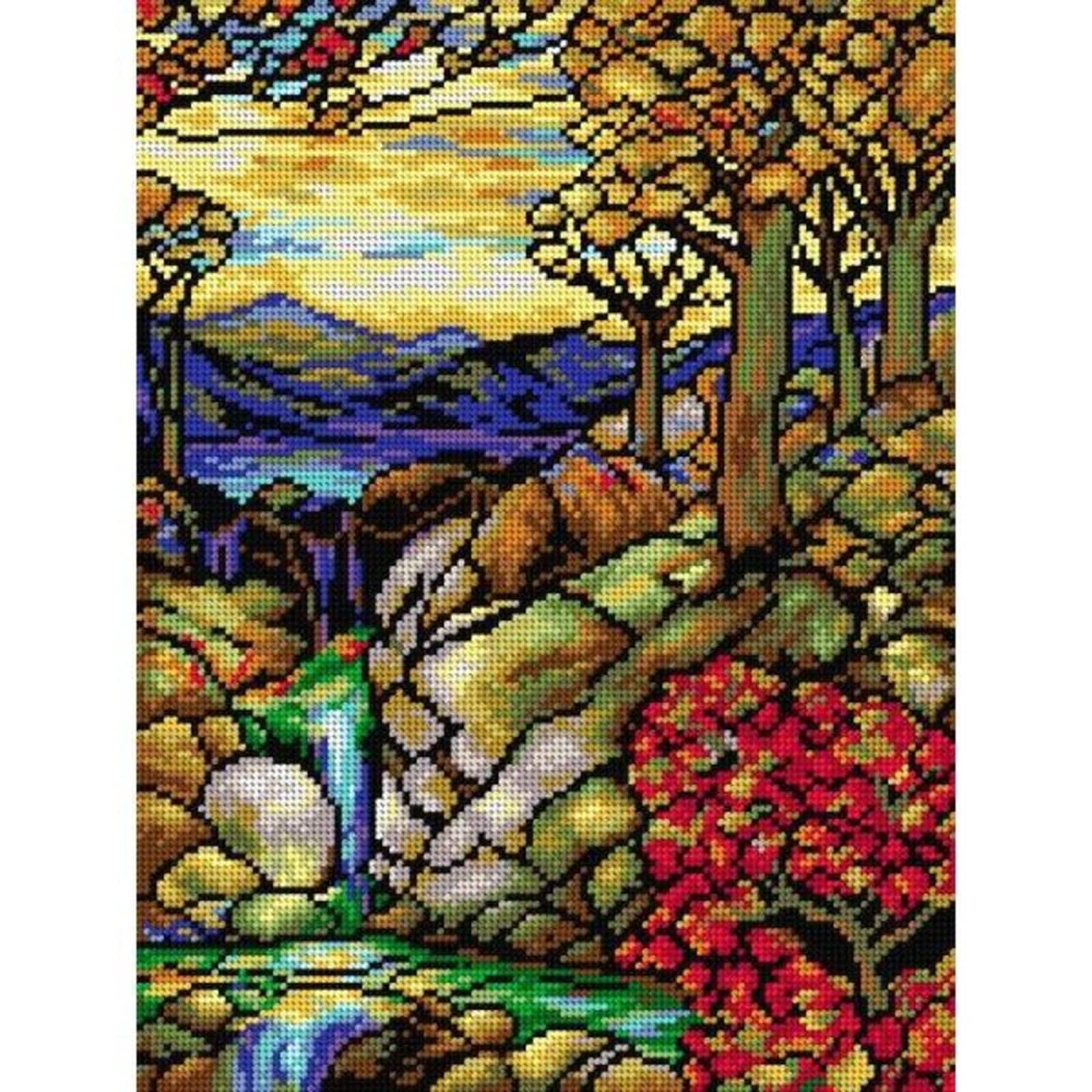 Orchidea Needlepoint Canvas For Halfstitch Without Yarn After L.C. Tiffany - Autumn Landscape - Printed Tapestry Canvas